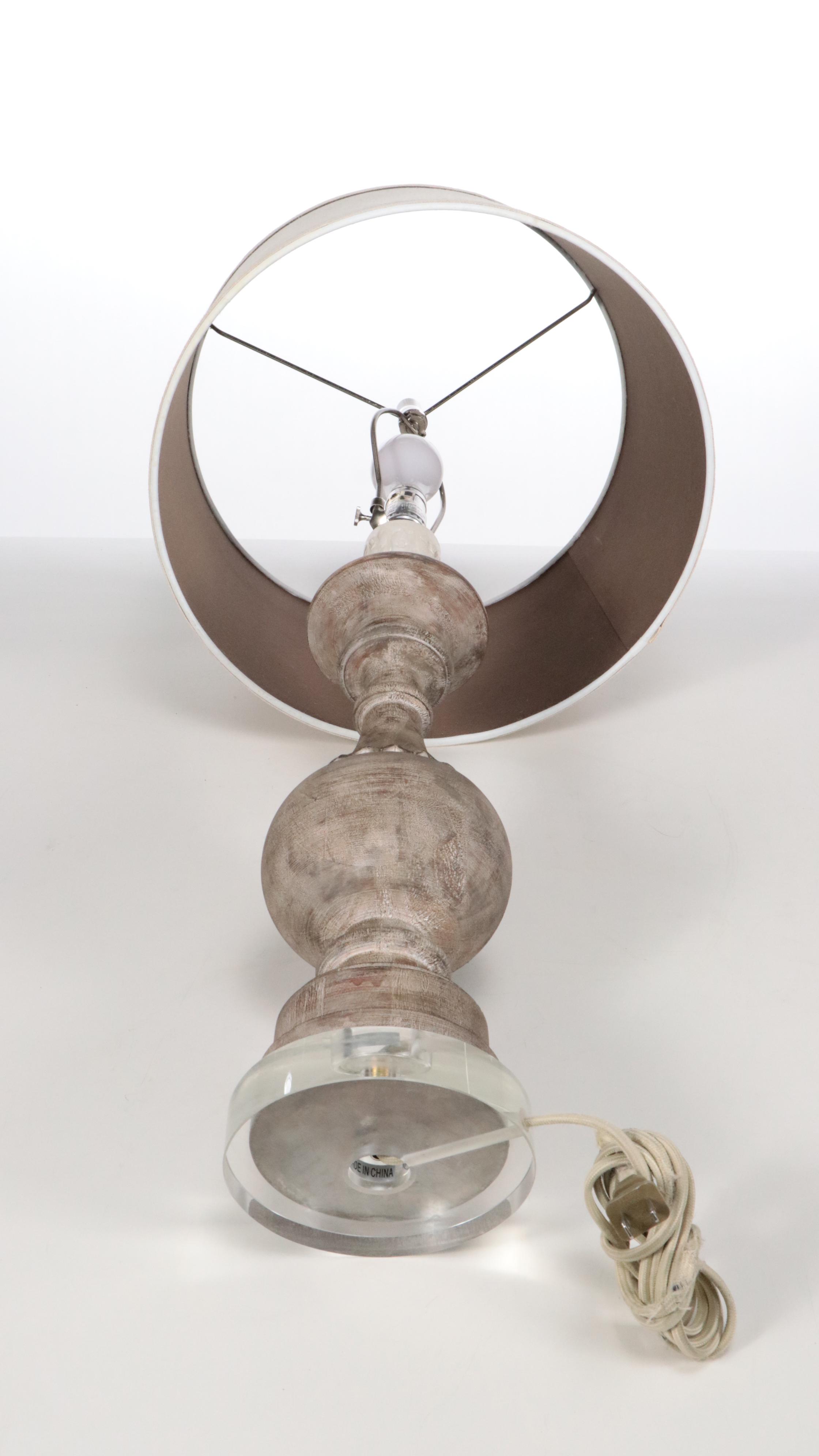 Hand-Carved Wooden Baluster on Acrylic Table Lamps with Custom Drum Shades