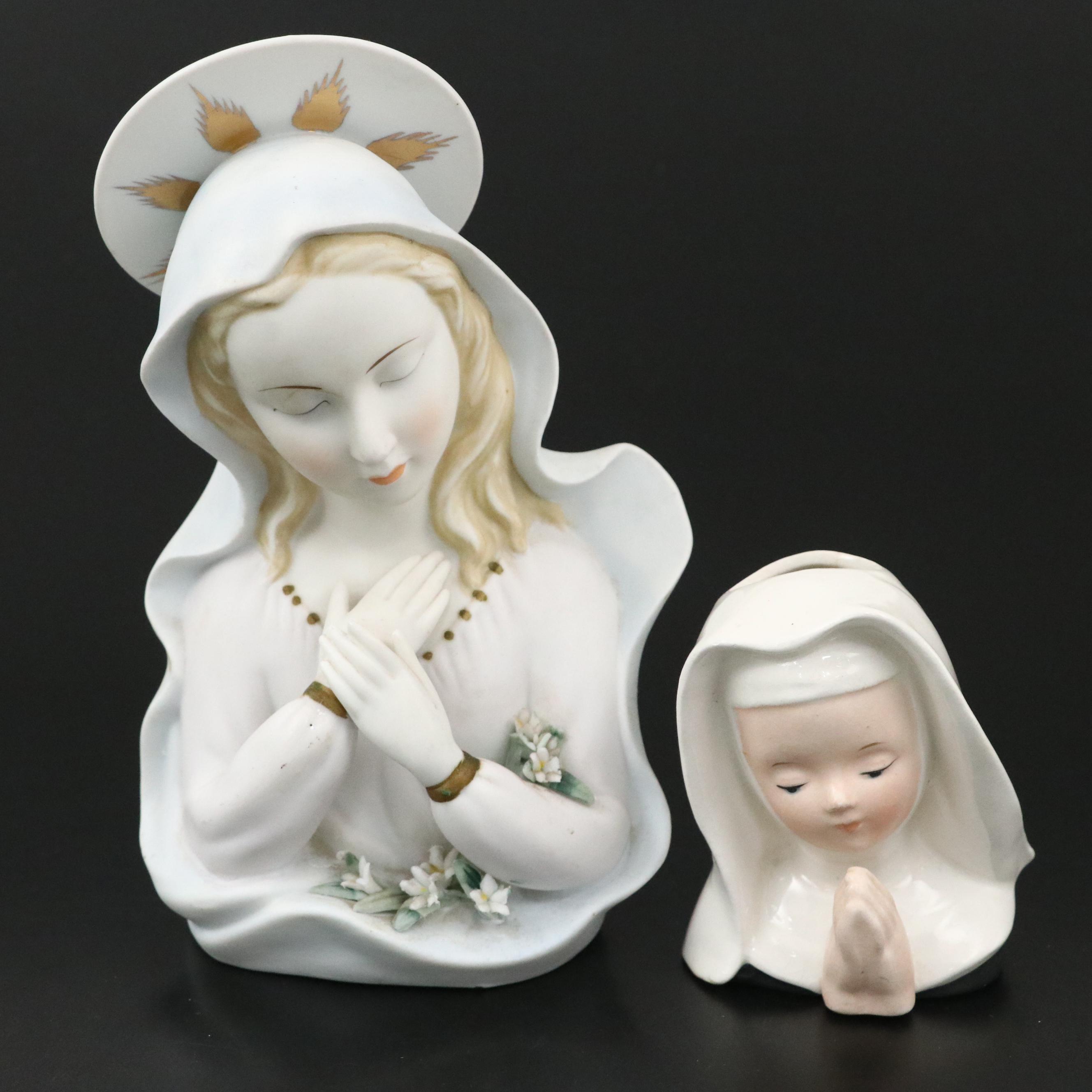 Lefton Bisque Porcelain Madonna with Other Ceramic Nun Head Vase