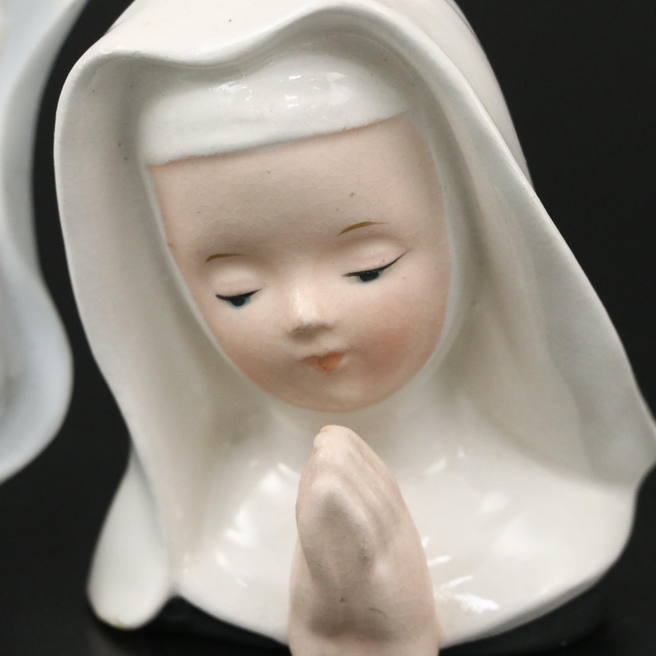 Lefton Bisque Porcelain Madonna with Other Ceramic Nun Head Vase