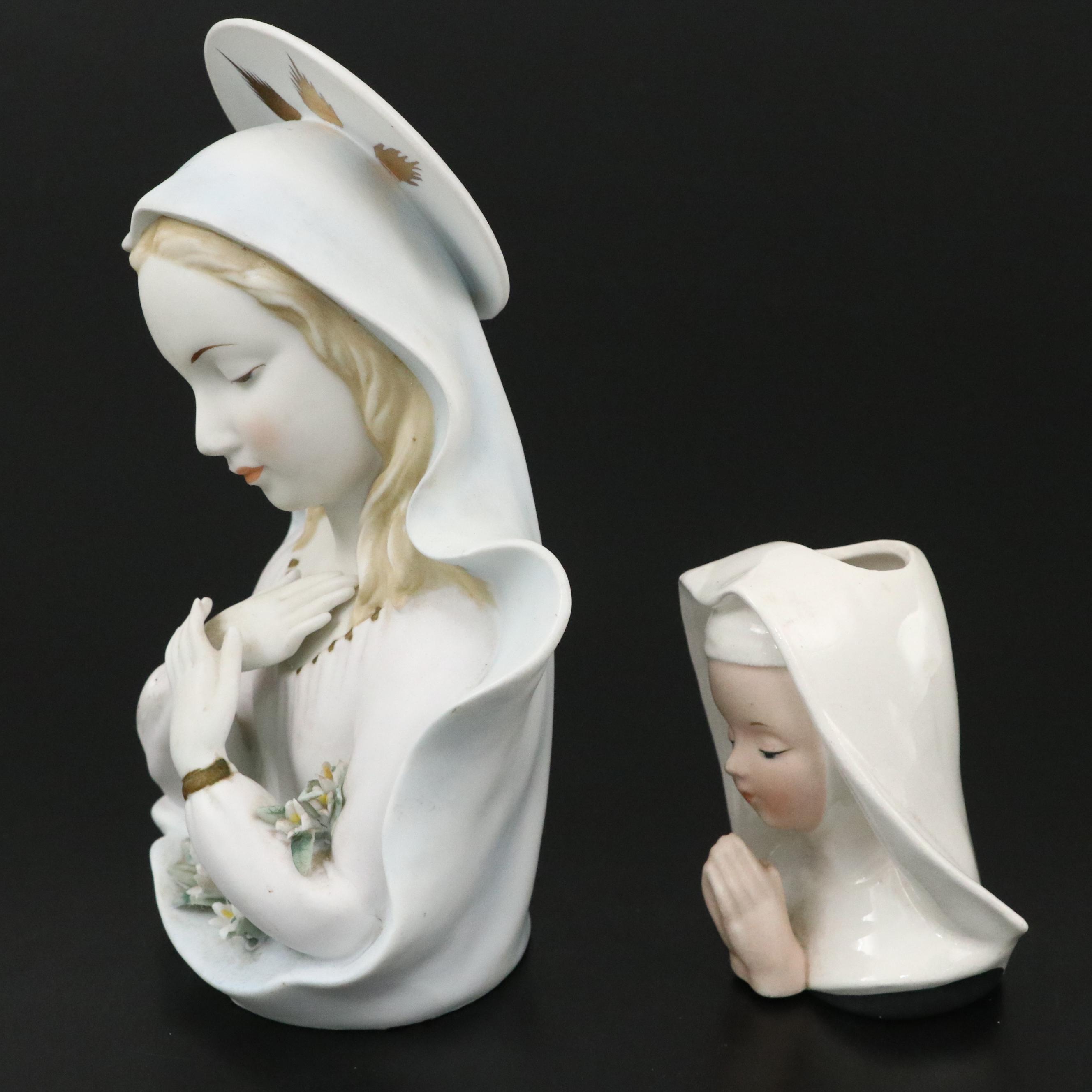 Lefton Bisque Porcelain Madonna with Other Ceramic Nun Head Vase