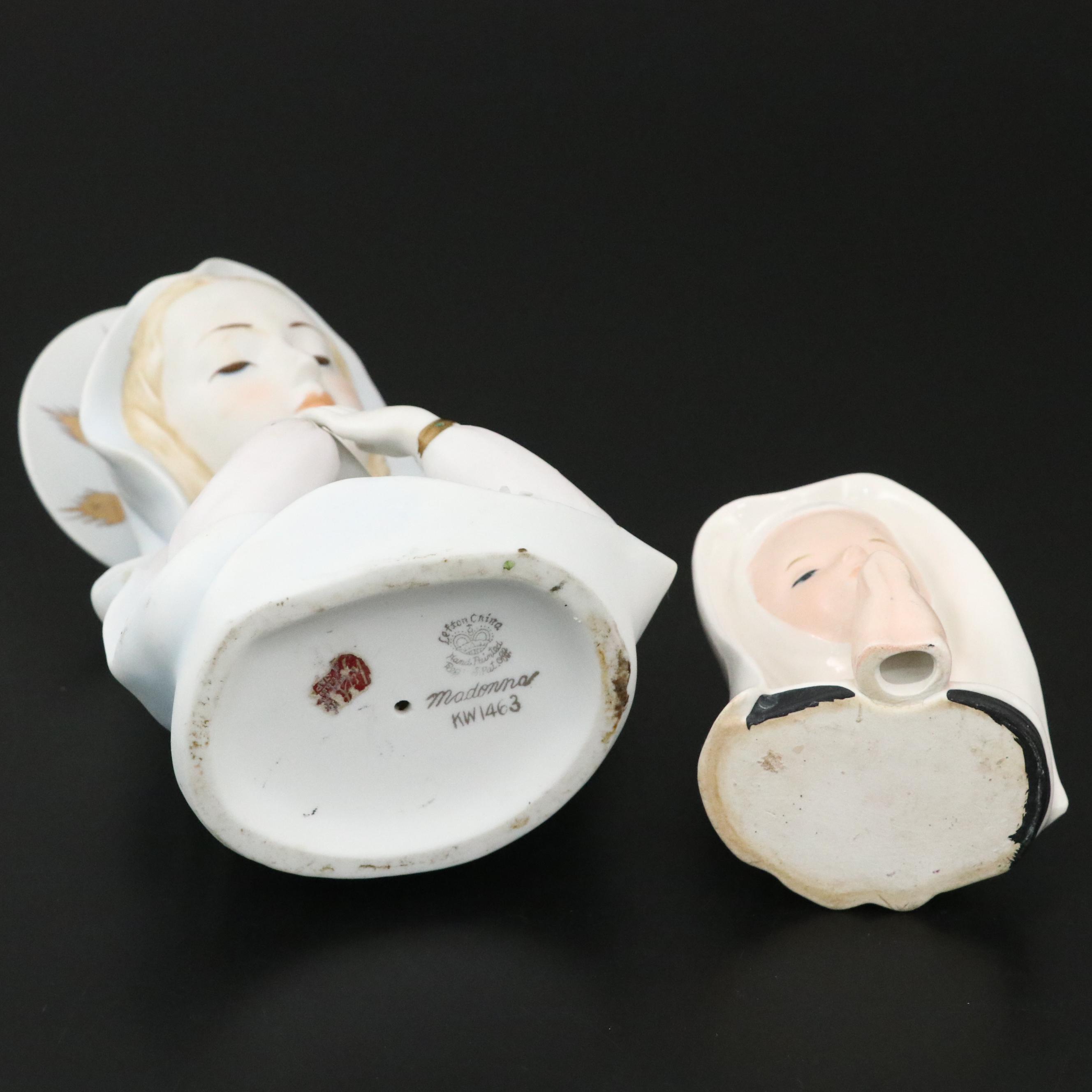 Lefton Bisque Porcelain Madonna with Other Ceramic Nun Head Vase