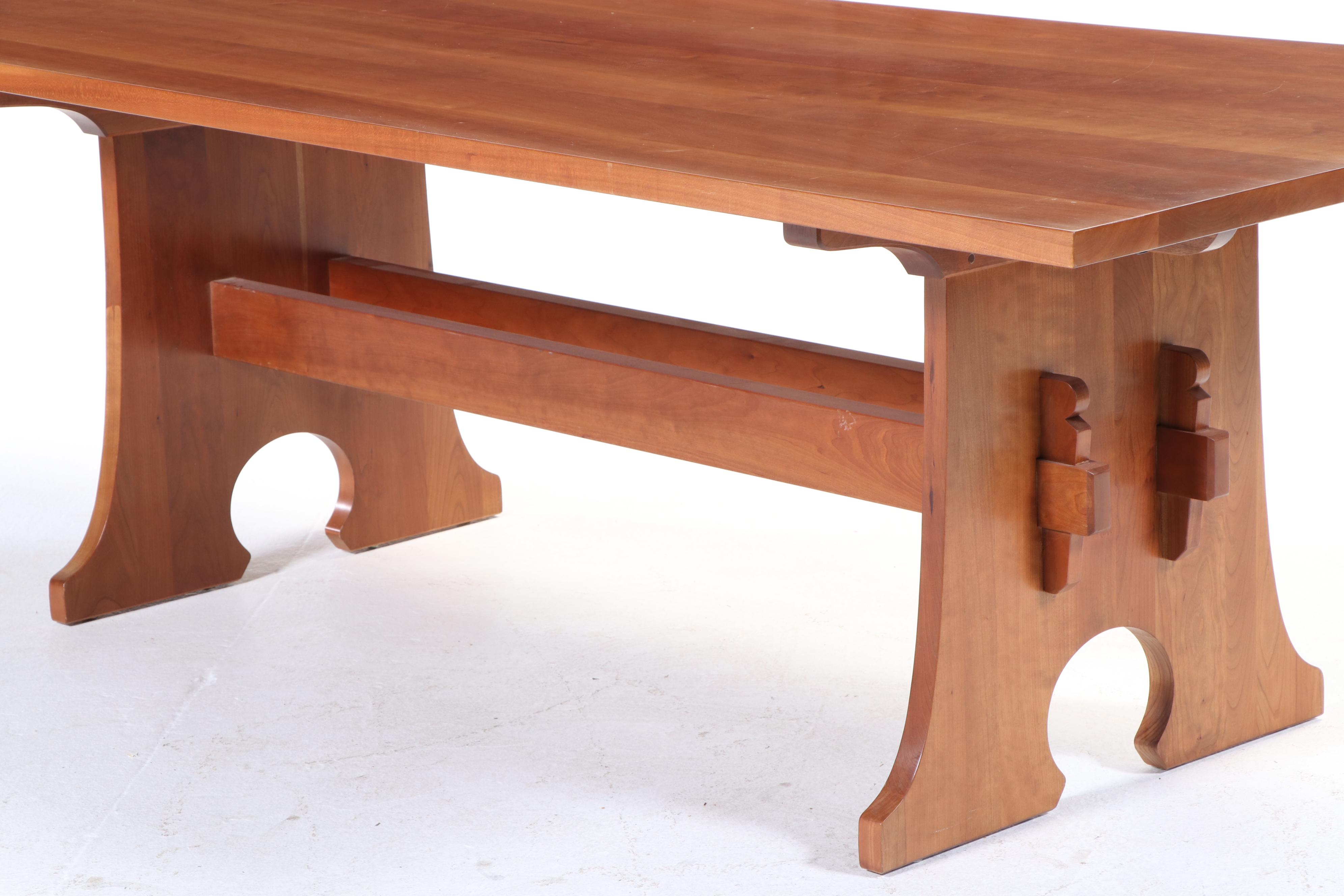 Stickley Arts and Crafts Style Cherrywood Trestle-Base Extending Dining Table