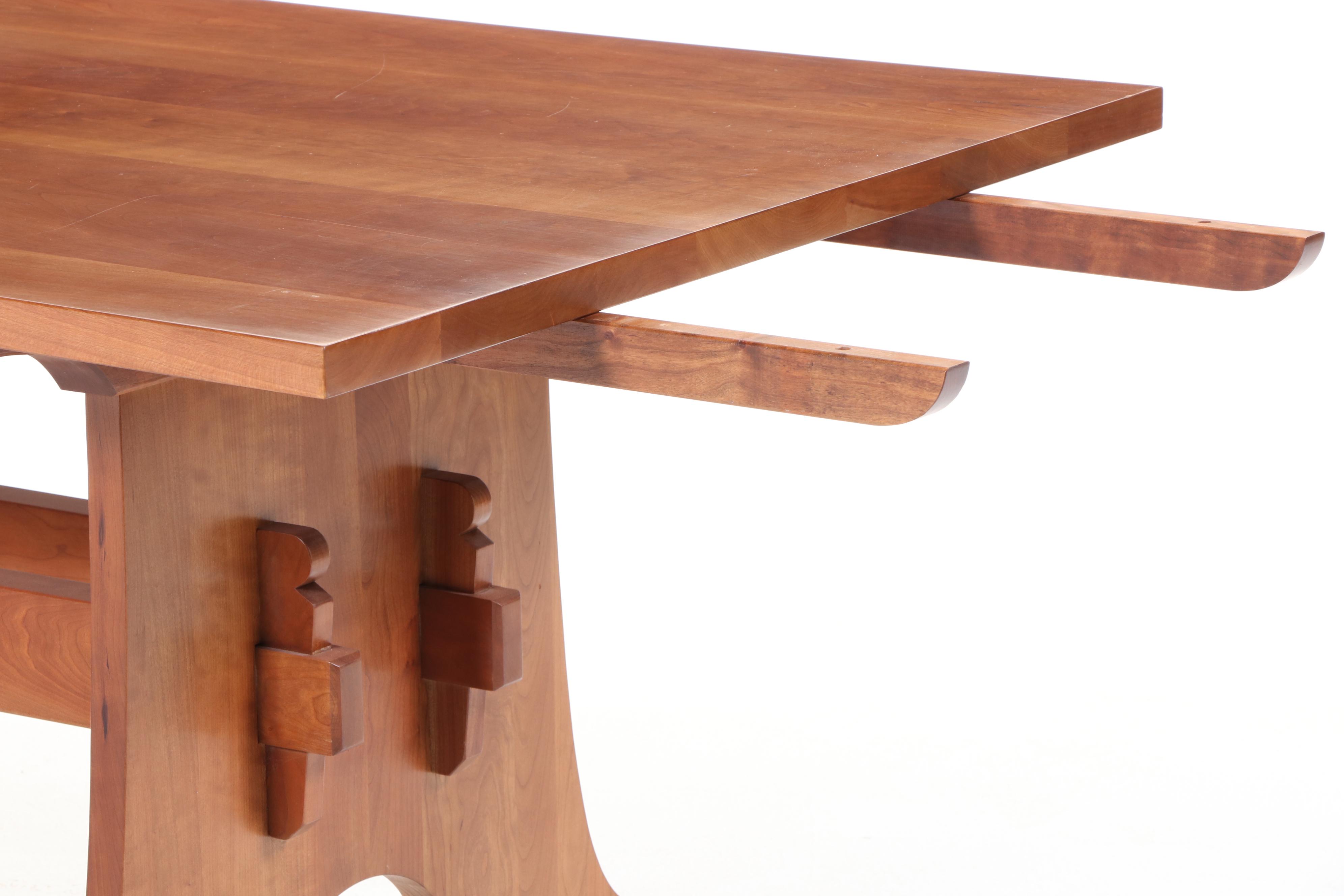 Stickley Arts and Crafts Style Cherrywood Trestle-Base Extending Dining Table