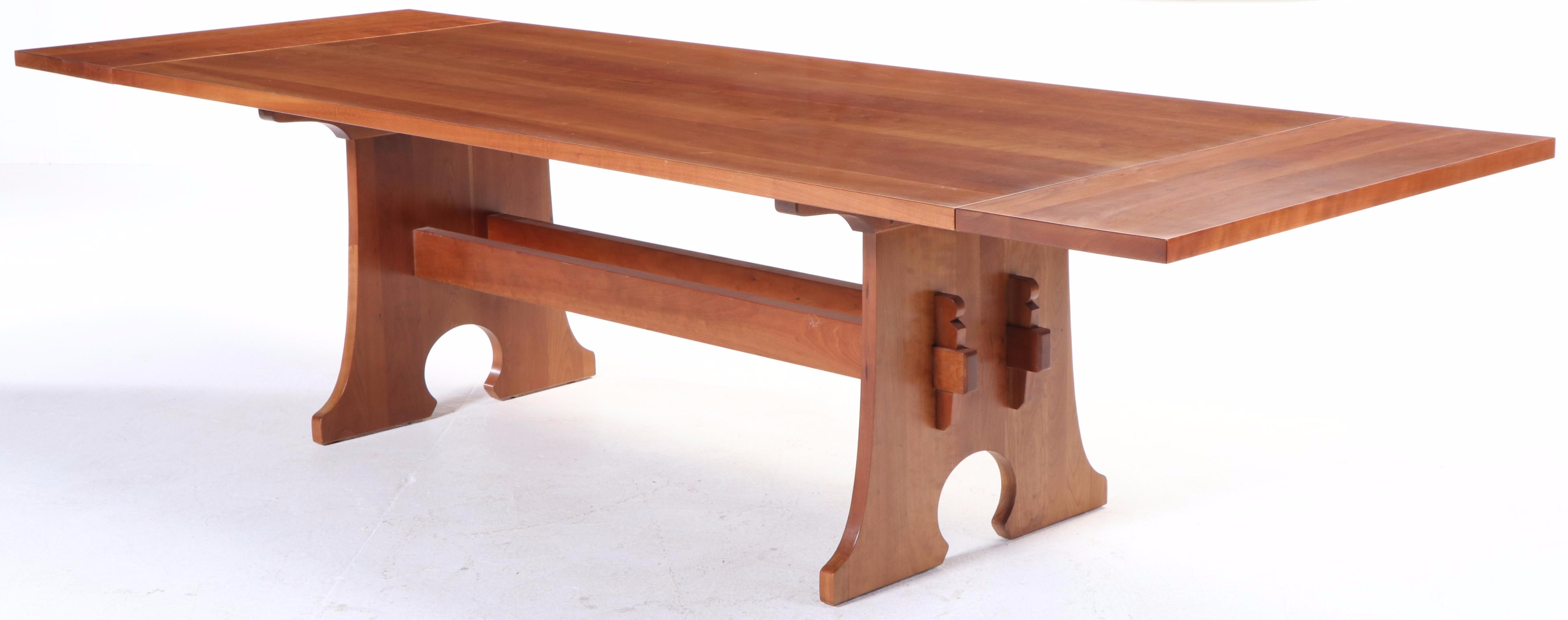 Stickley Arts and Crafts Style Cherrywood Trestle-Base Extending Dining Table
