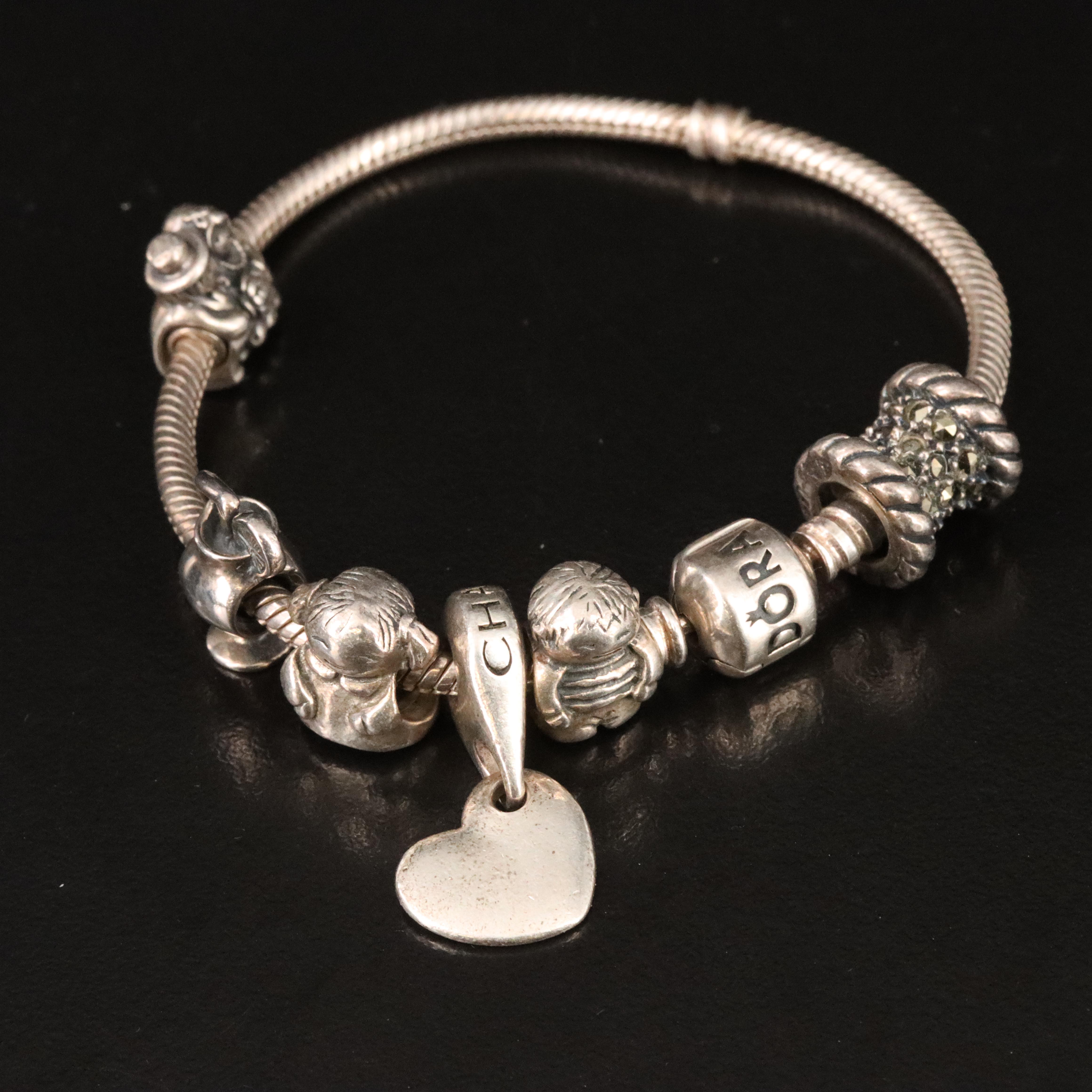 Pandora Sterling Bracelet and Charms with Chamilia and Judith Jack Beads