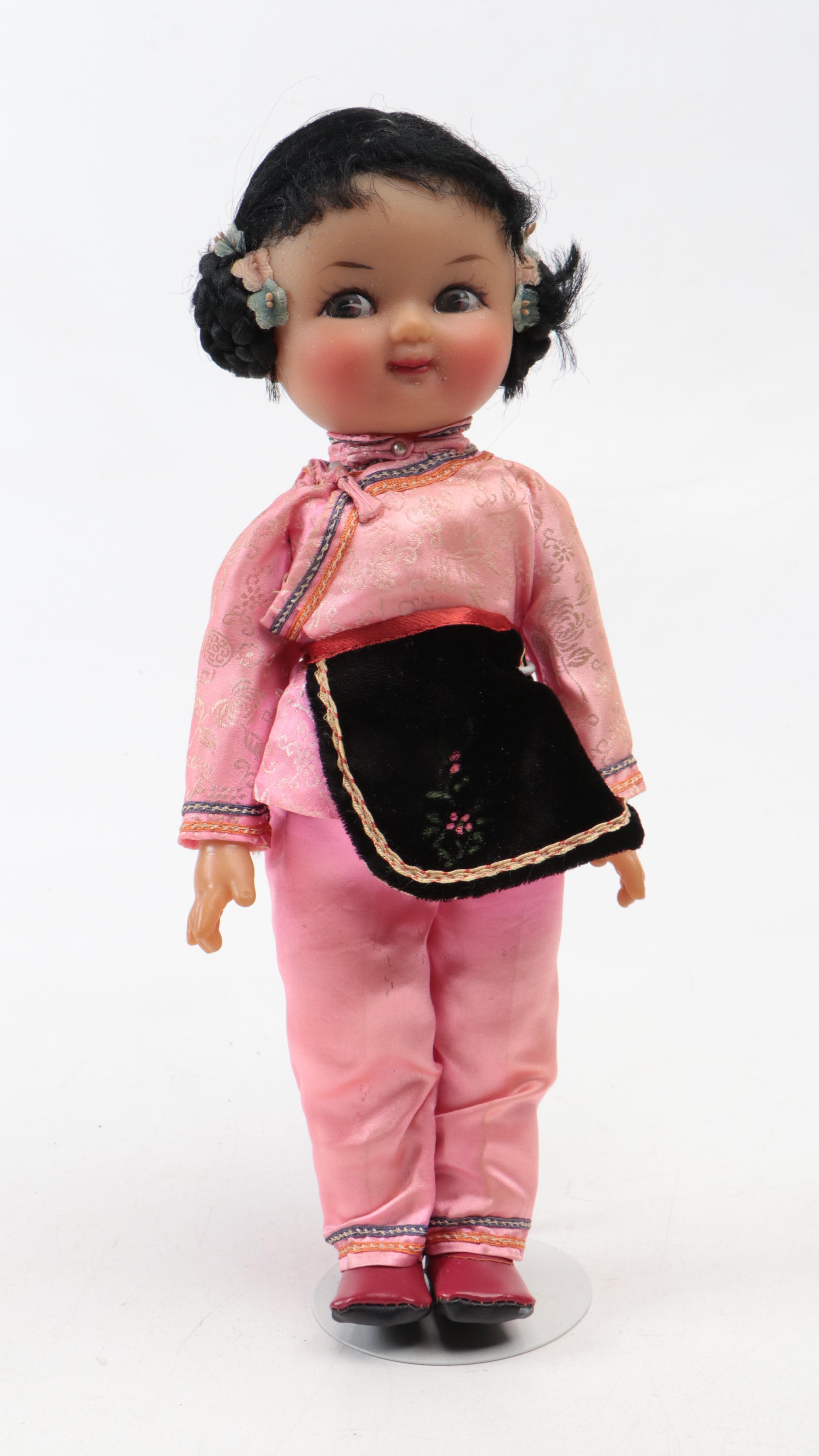 Chinese Dolls with Ceramic Budai Figurine, Display Base, Fan & Silver Plate Cuff