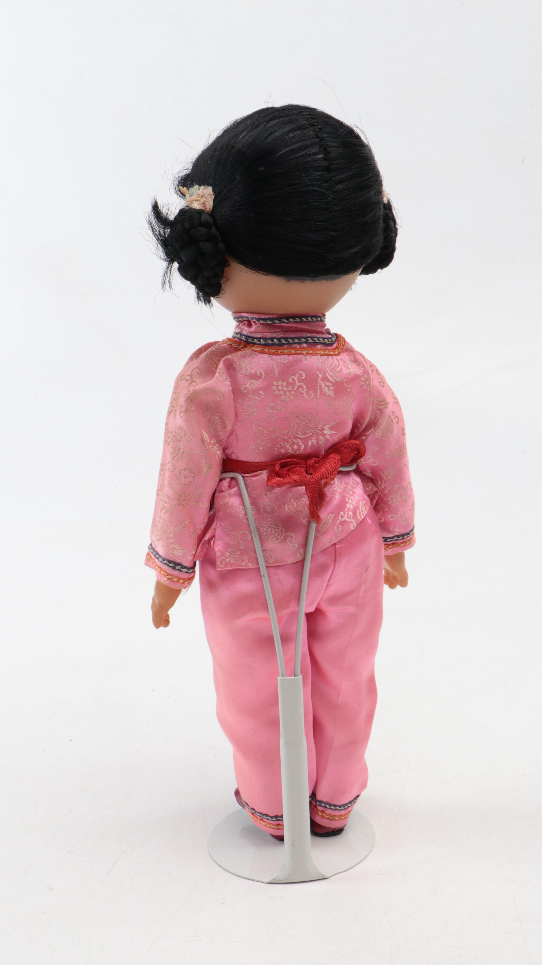 Chinese Dolls with Ceramic Budai Figurine, Display Base, Fan & Silver Plate Cuff