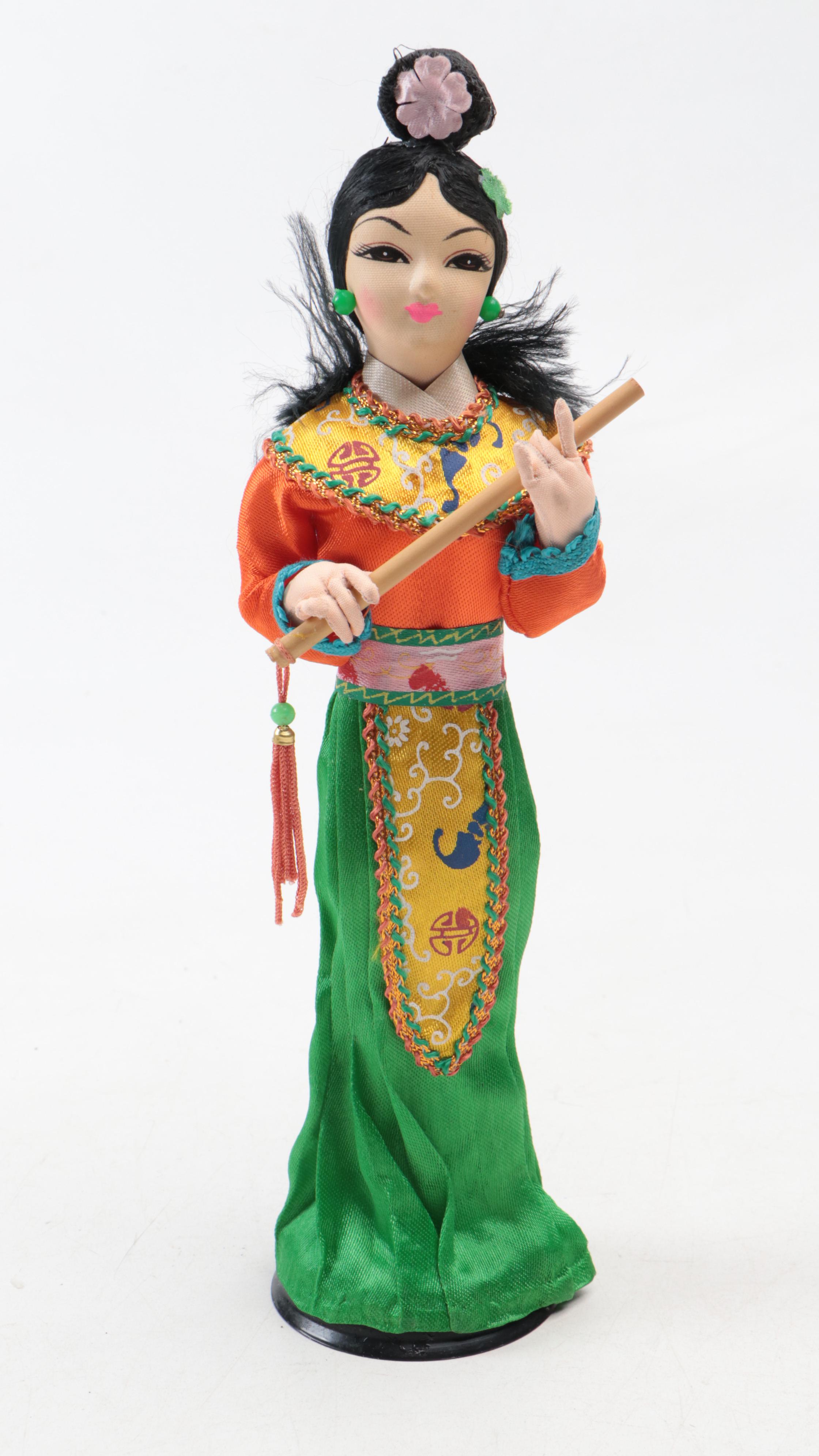 Chinese Dolls with Ceramic Budai Figurine, Display Base, Fan & Silver Plate Cuff