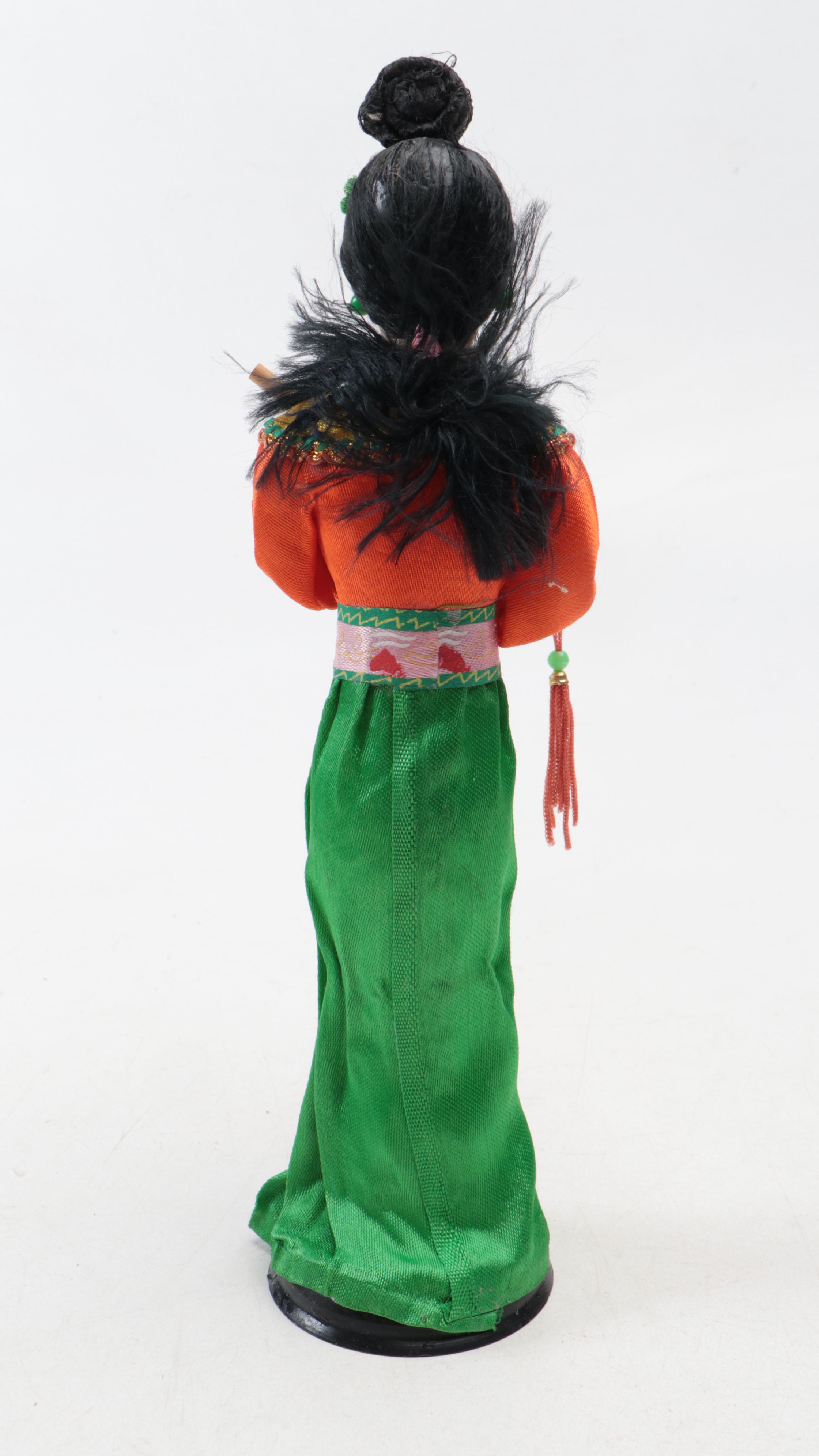 Chinese Dolls with Ceramic Budai Figurine, Display Base, Fan & Silver Plate Cuff