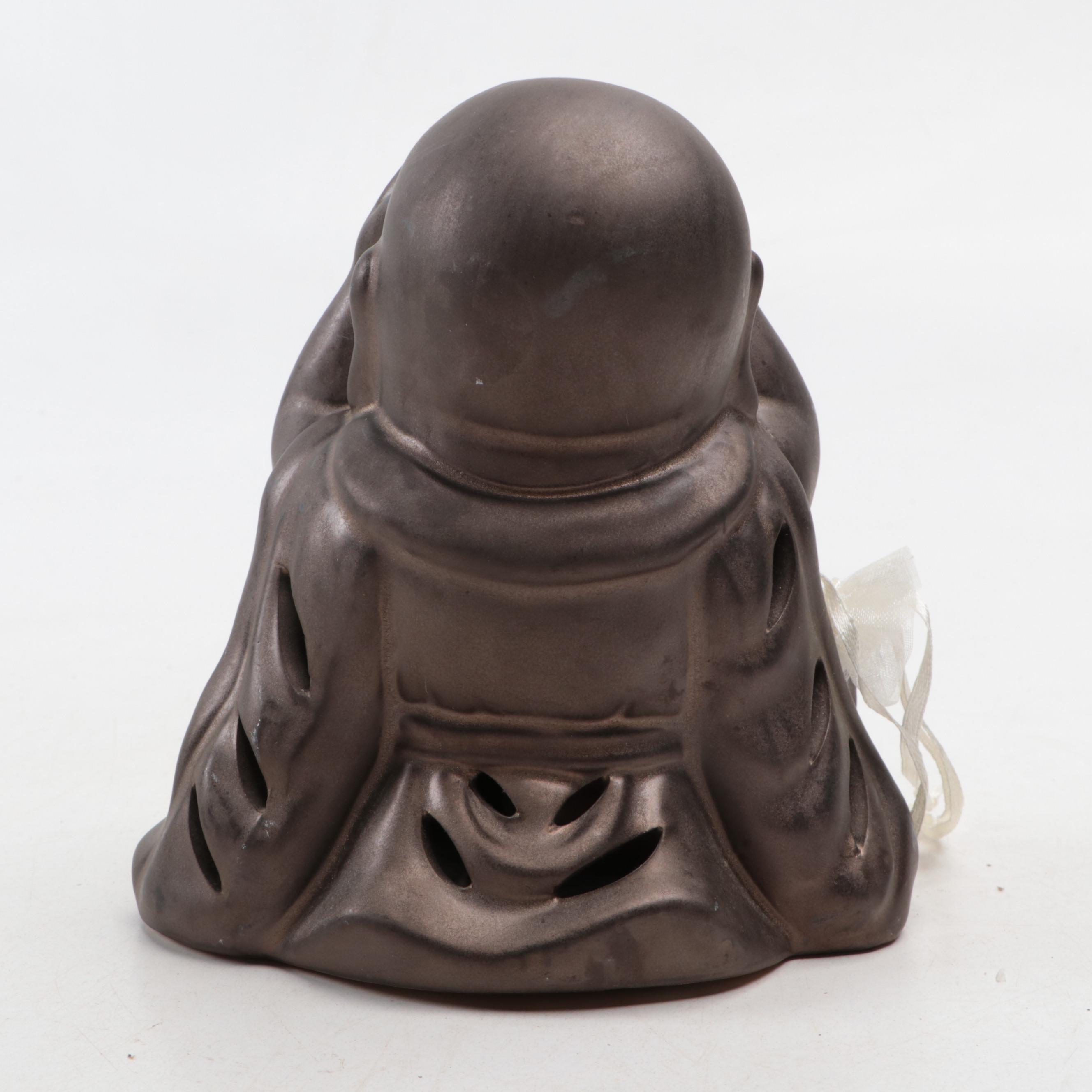 Chinese Dolls with Ceramic Budai Figurine, Display Base, Fan & Silver Plate Cuff