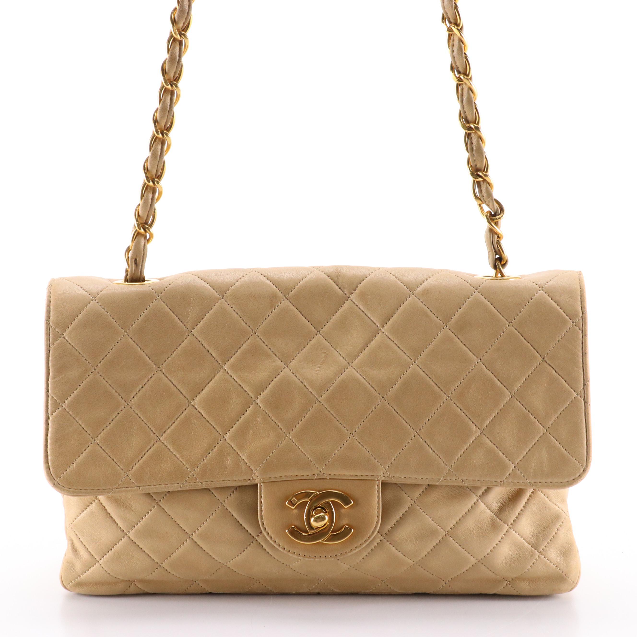 Chanel Classic CC Turnlock Flap Shoulder Bag in Quilted Beige Leather with Box