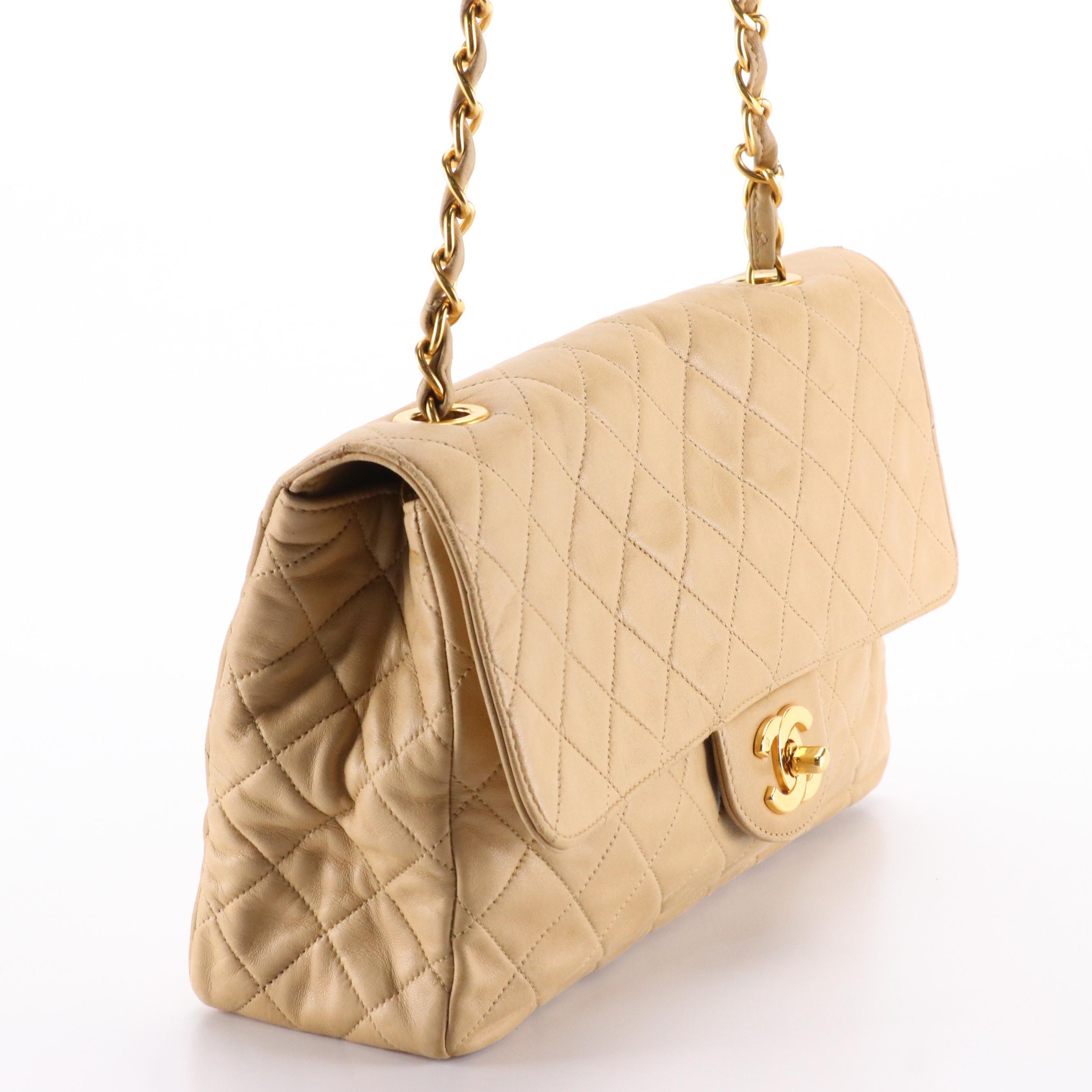 Chanel Classic CC Turnlock Flap Shoulder Bag in Quilted Beige Leather with Box