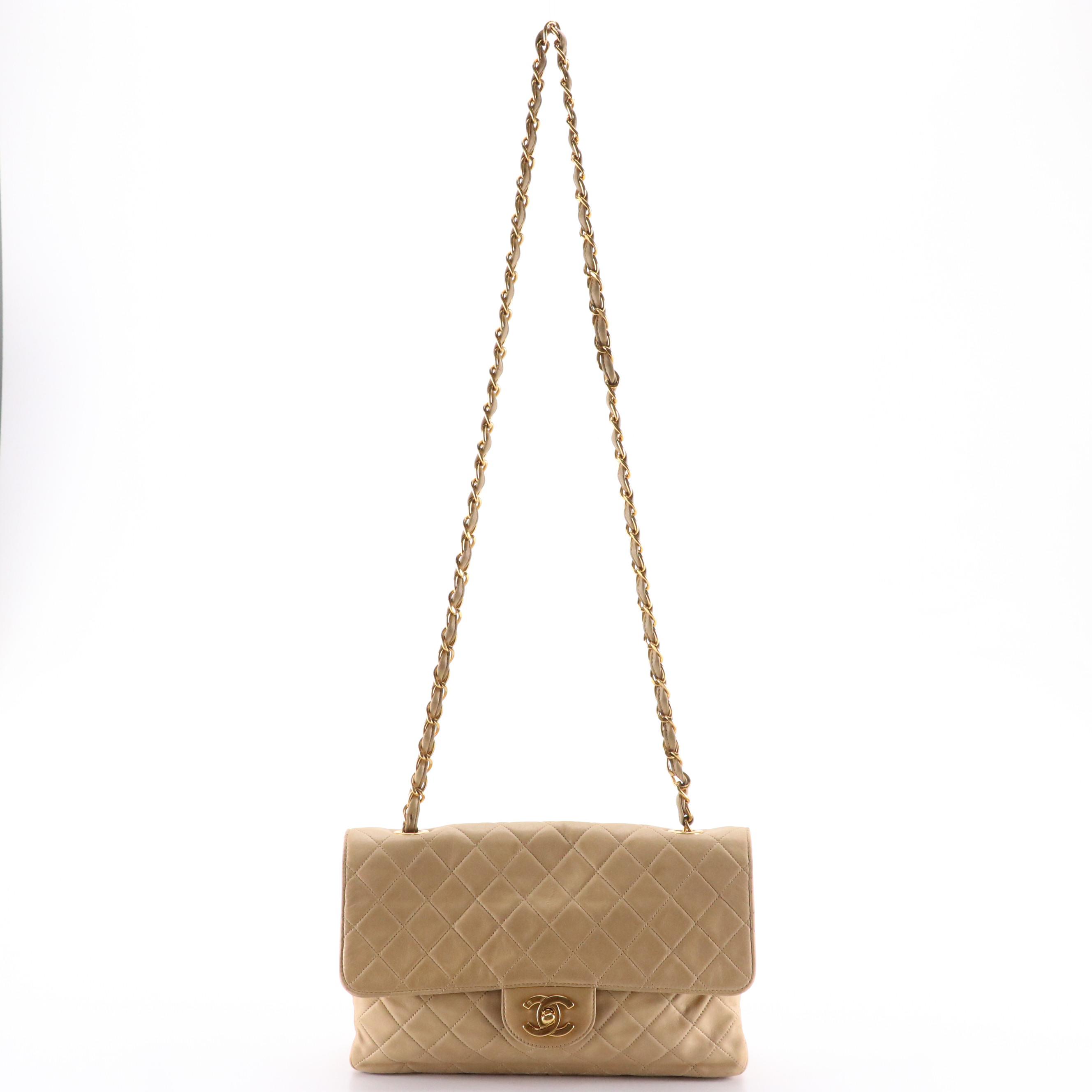 Chanel Classic CC Turnlock Flap Shoulder Bag in Quilted Beige Leather with Box