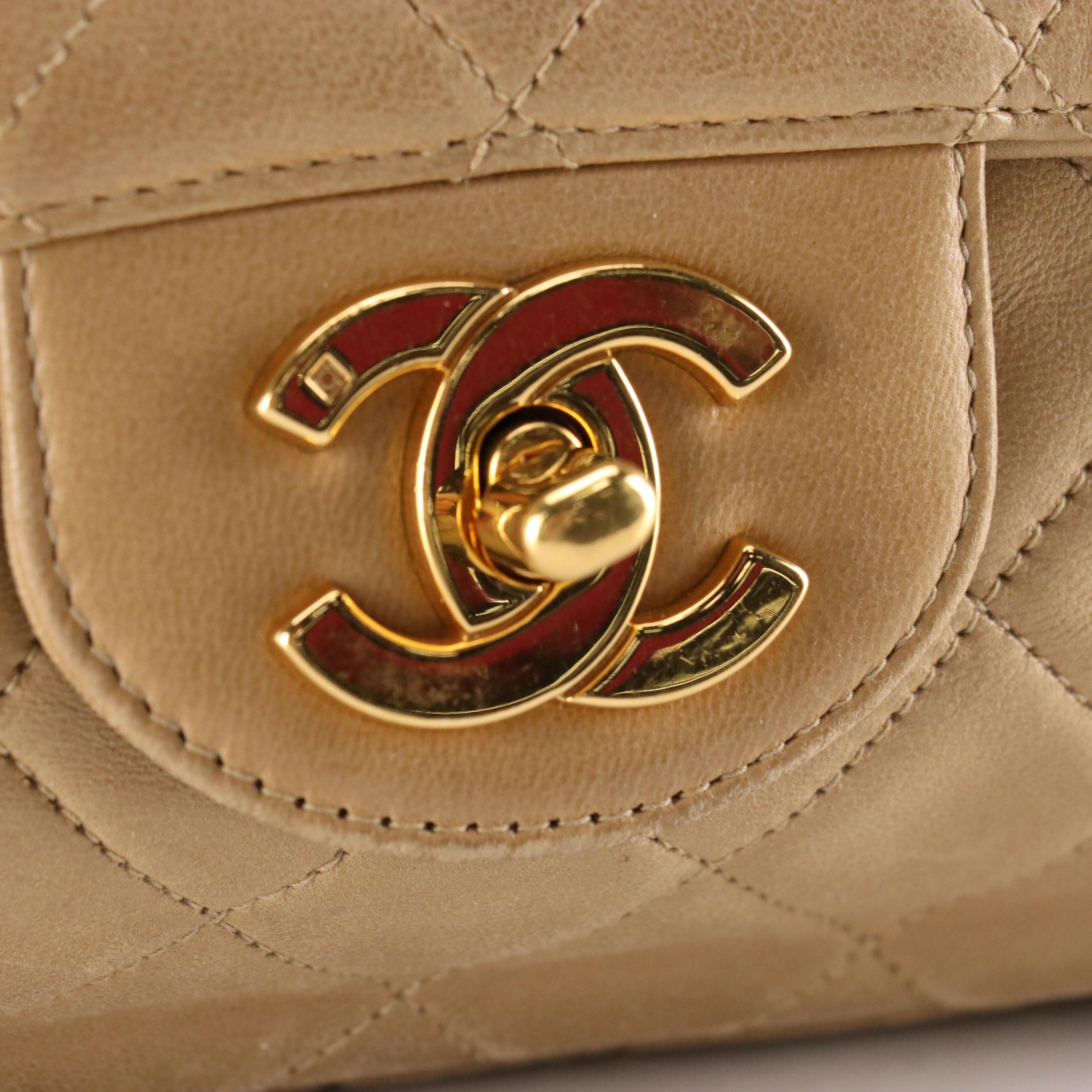 Chanel Classic CC Turnlock Flap Shoulder Bag in Quilted Beige Leather with Box