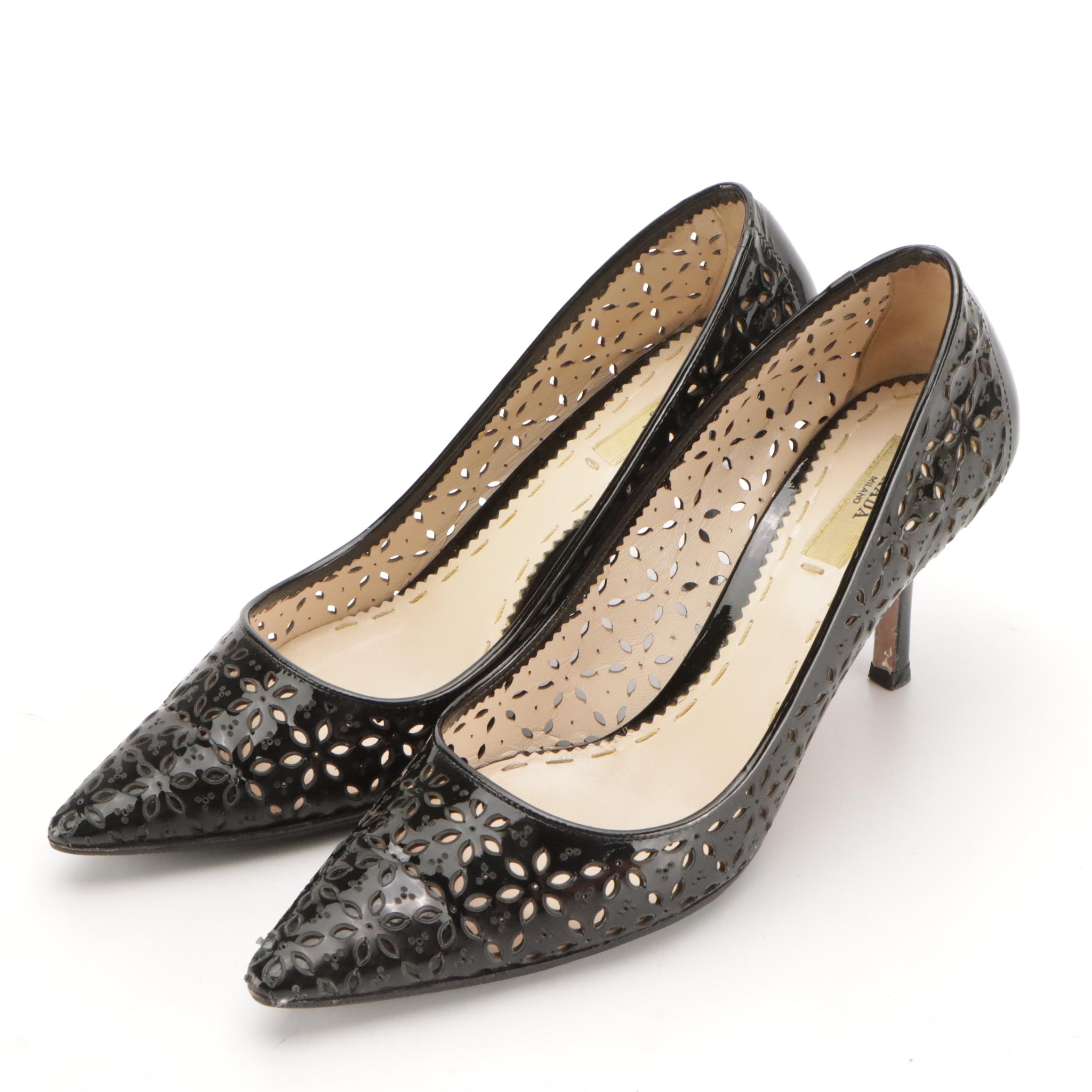 Prada Black Floral Laser-Cut Patent Leather Pointed-Toe Pumps in Box