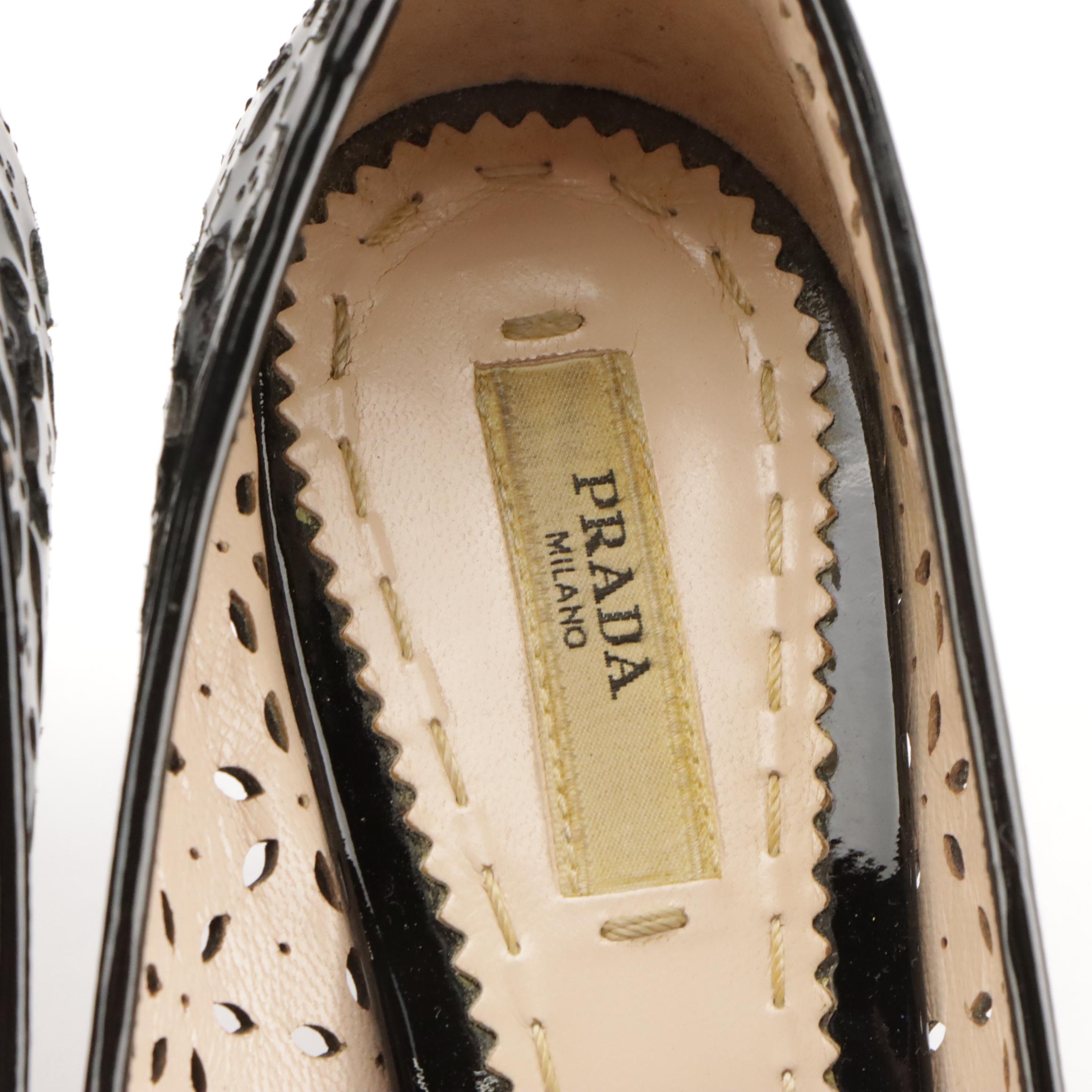 Prada Black Floral Laser-Cut Patent Leather Pointed-Toe Pumps in Box