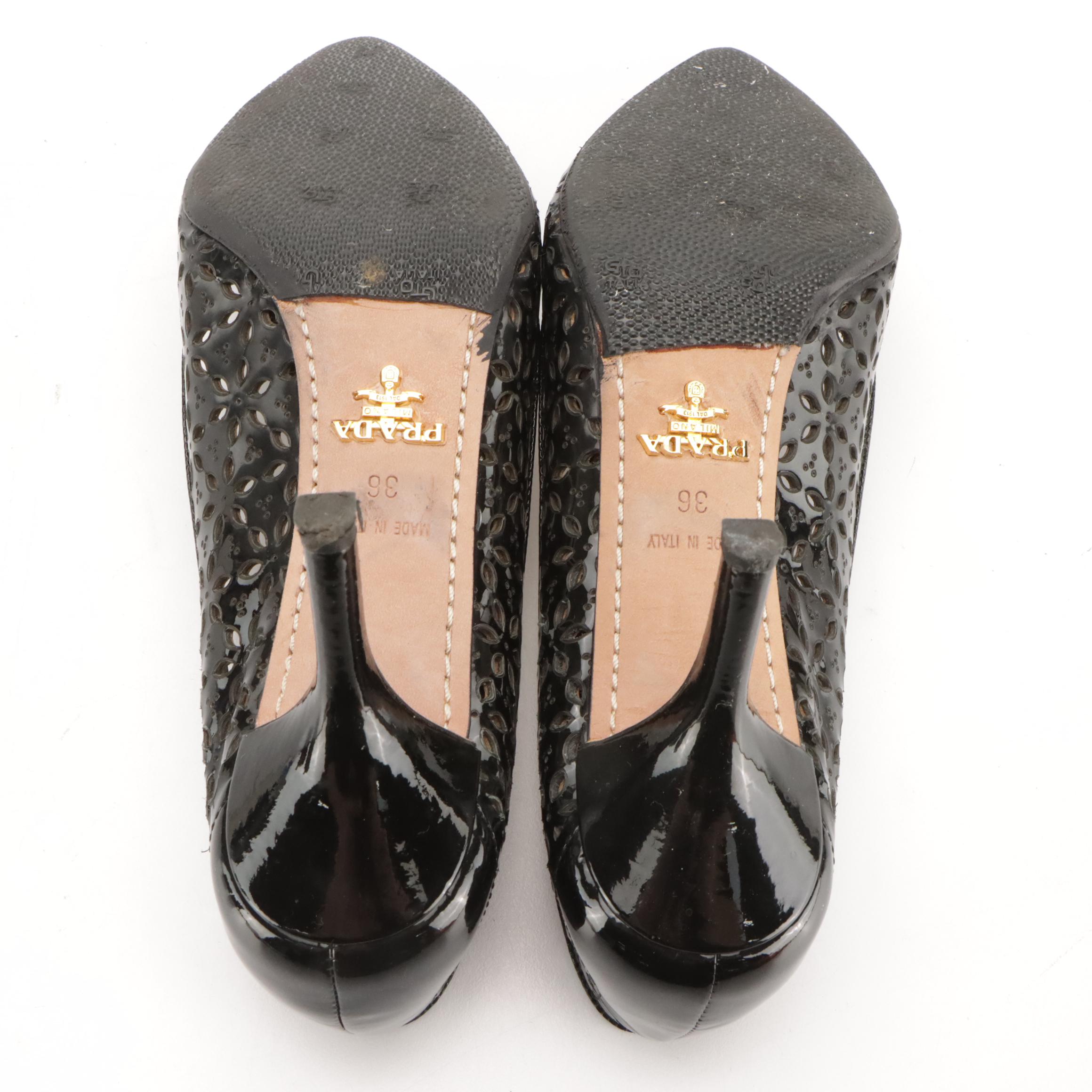 Prada Black Floral Laser-Cut Patent Leather Pointed-Toe Pumps in Box