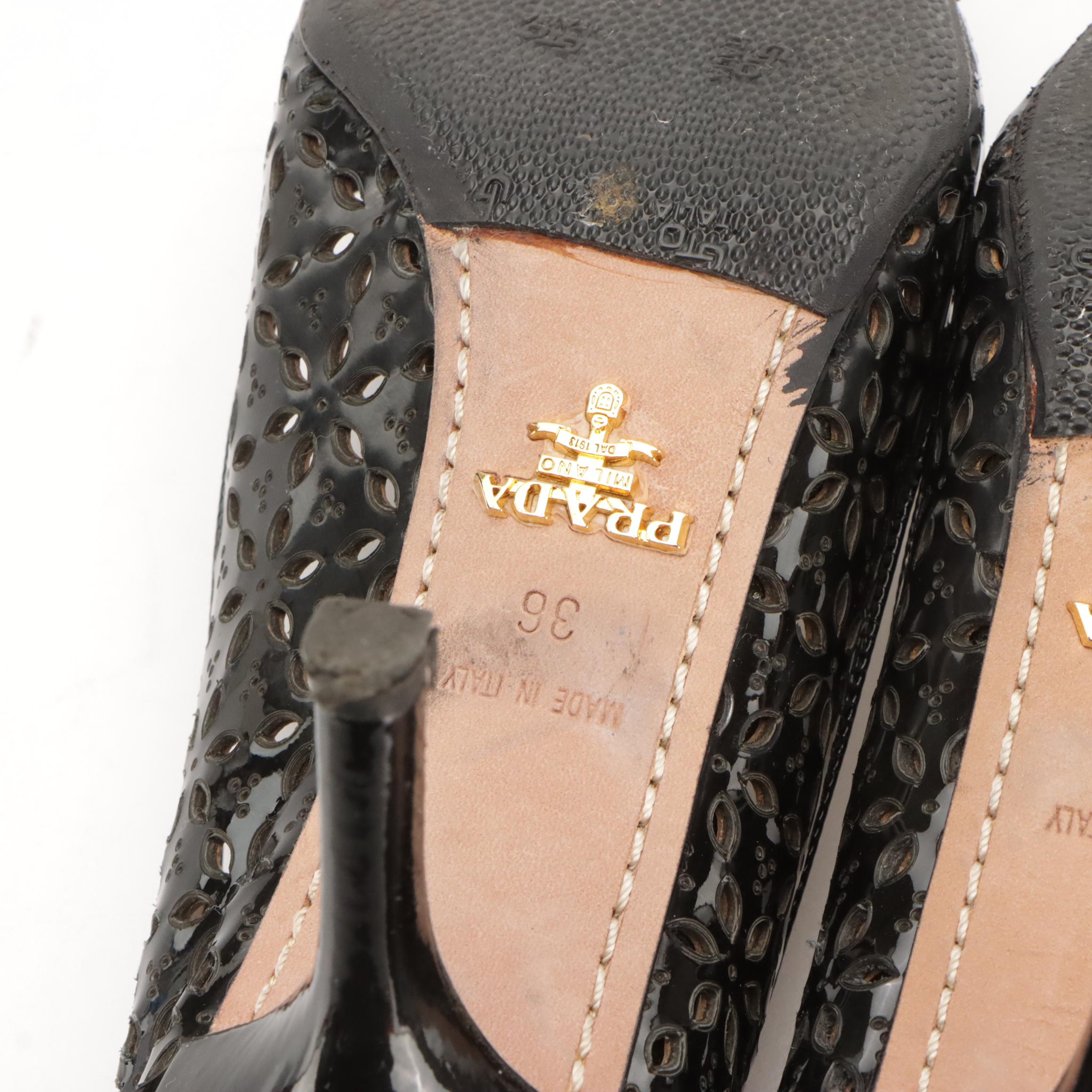 Prada Black Floral Laser-Cut Patent Leather Pointed-Toe Pumps in Box
