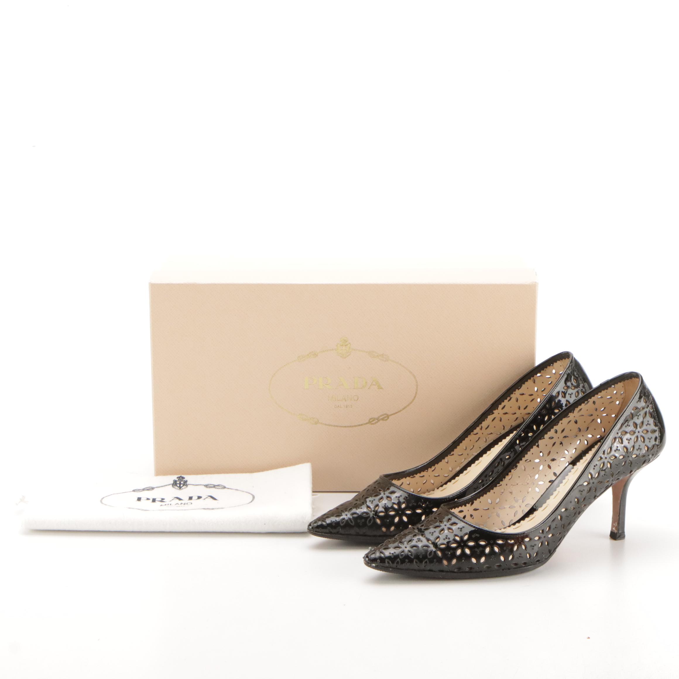 Prada Black Floral Laser-Cut Patent Leather Pointed-Toe Pumps in Box