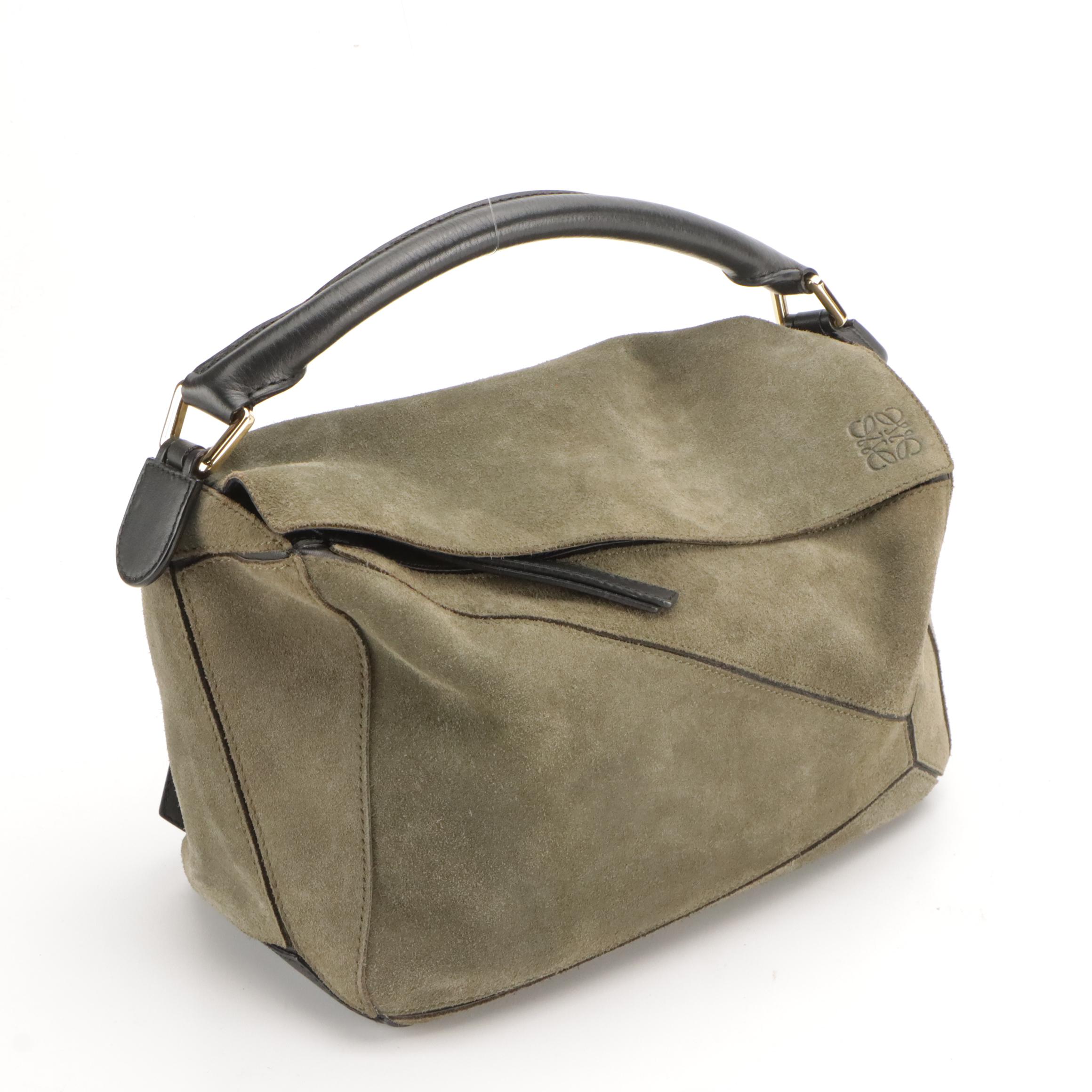 Loewe Puzzle Handbag in Dark Green Suede and Black Leather Trim