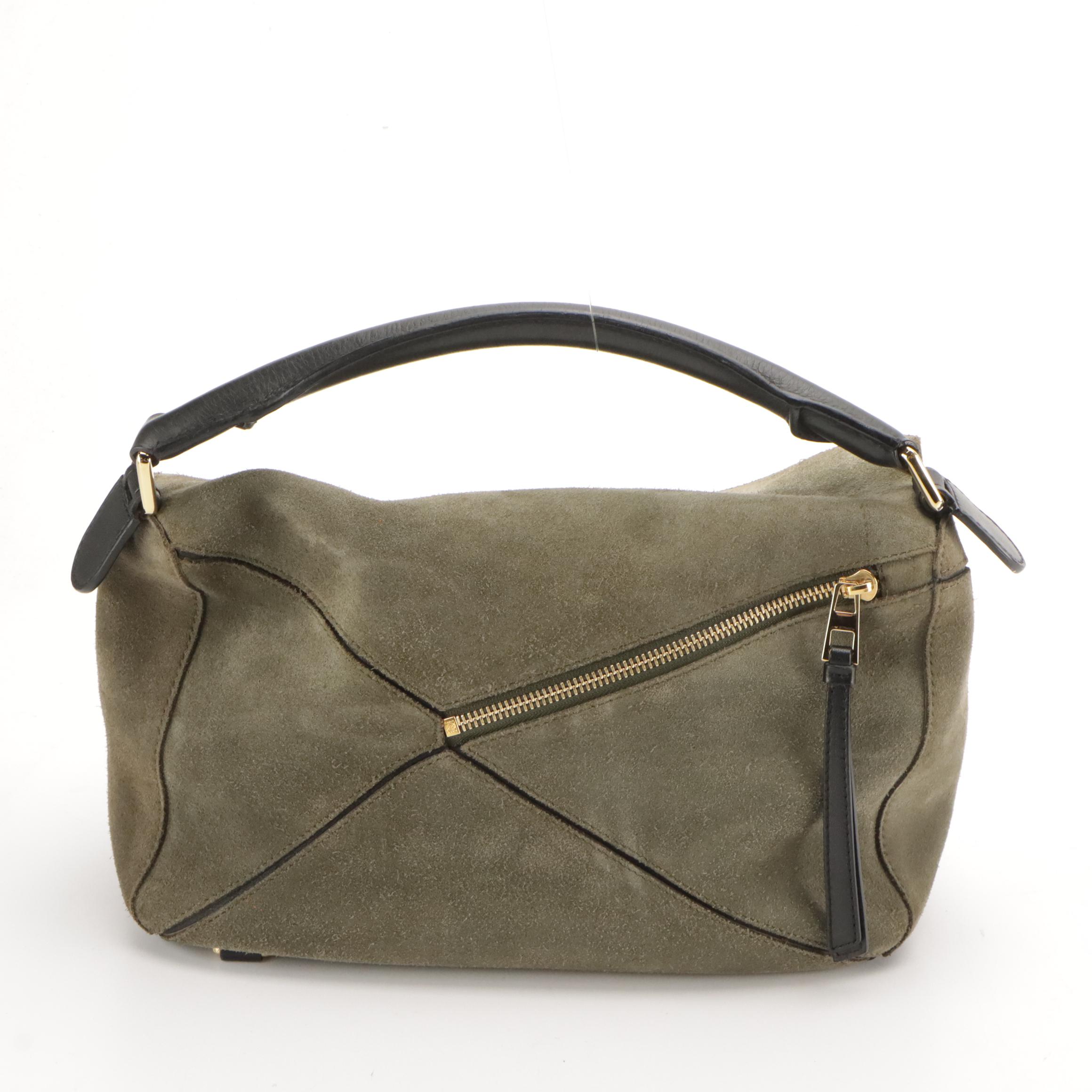Loewe Puzzle Handbag in Dark Green Suede and Black Leather Trim