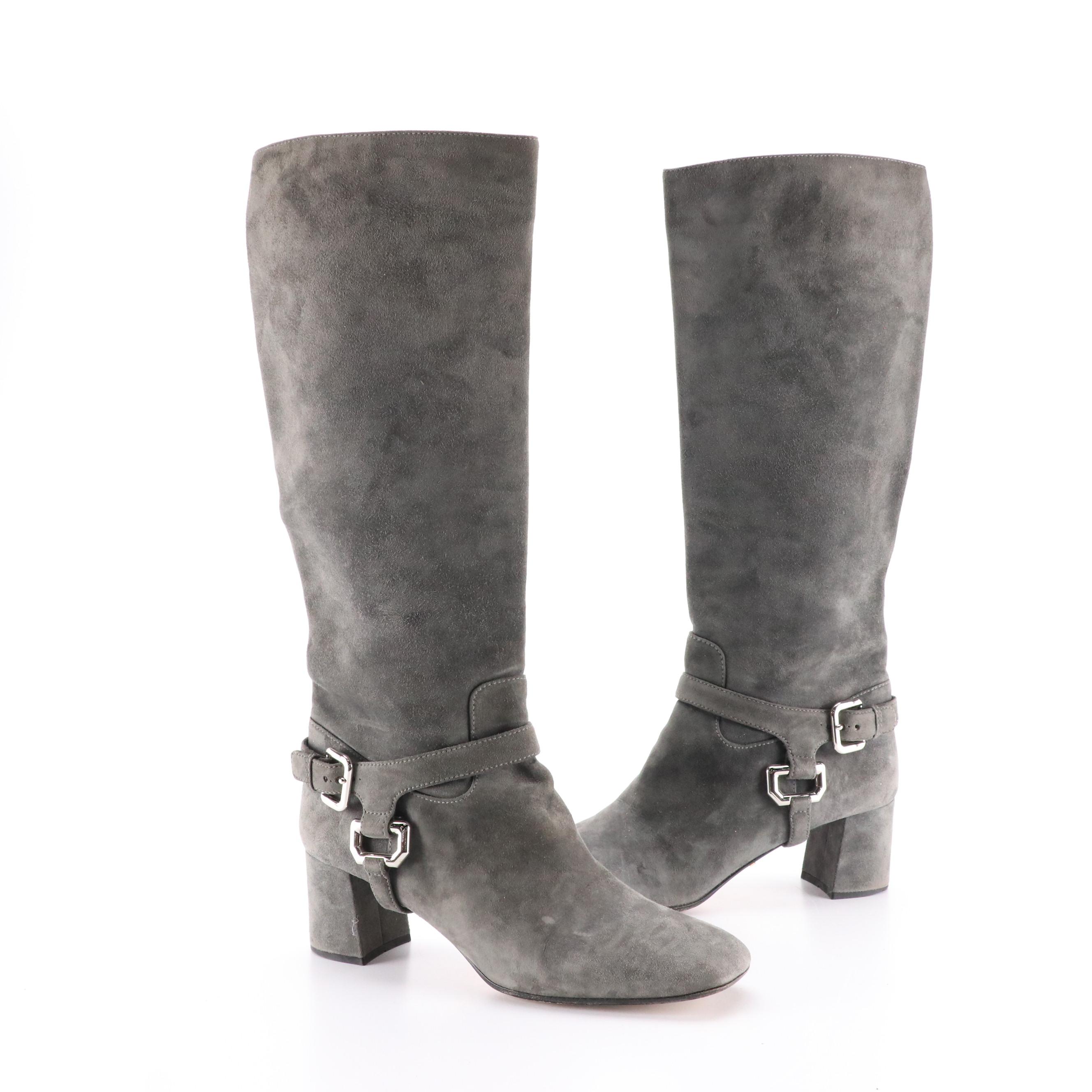 Prada Knee-High Harness Buckle Boots in Gray Suede