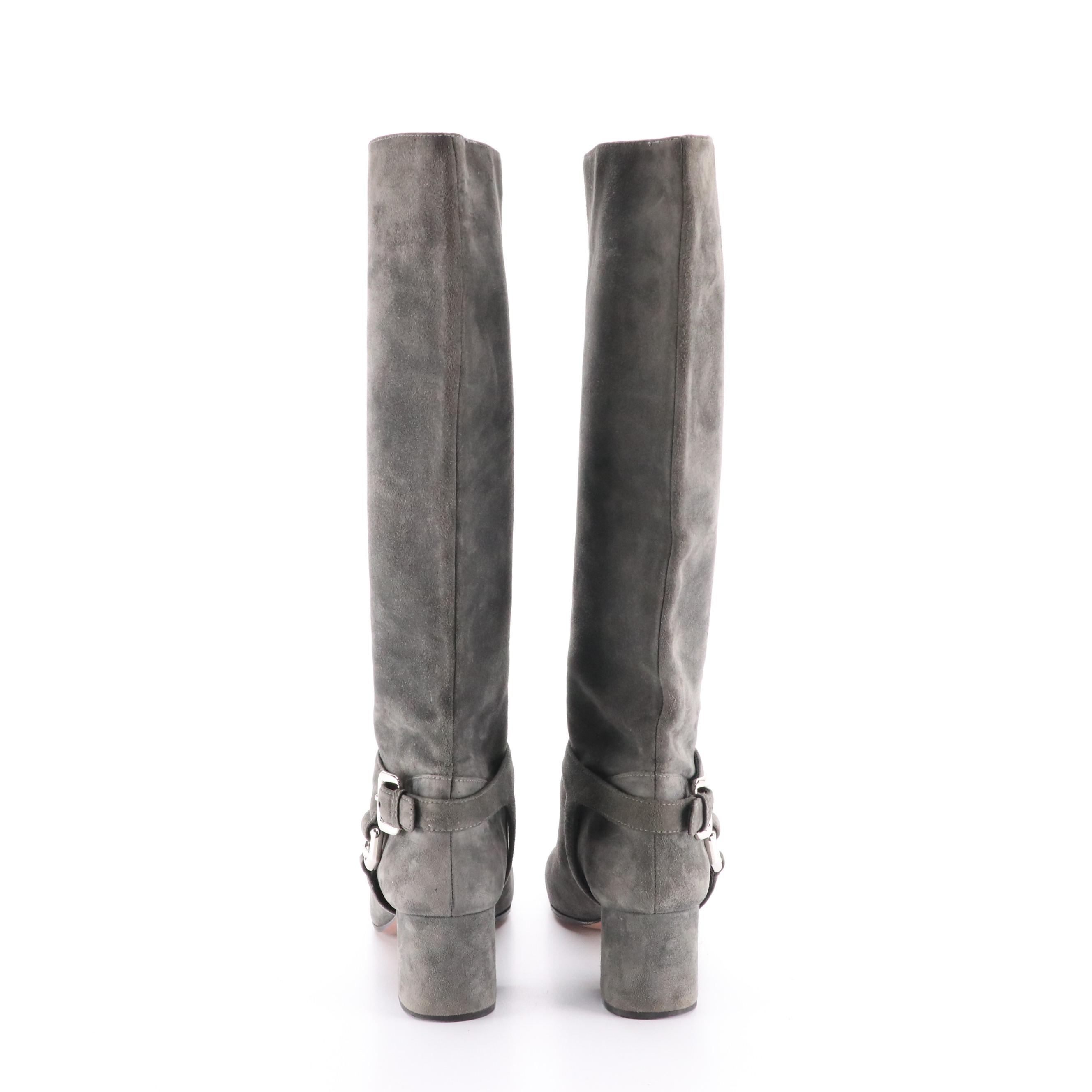 Prada Knee-High Harness Buckle Boots in Gray Suede