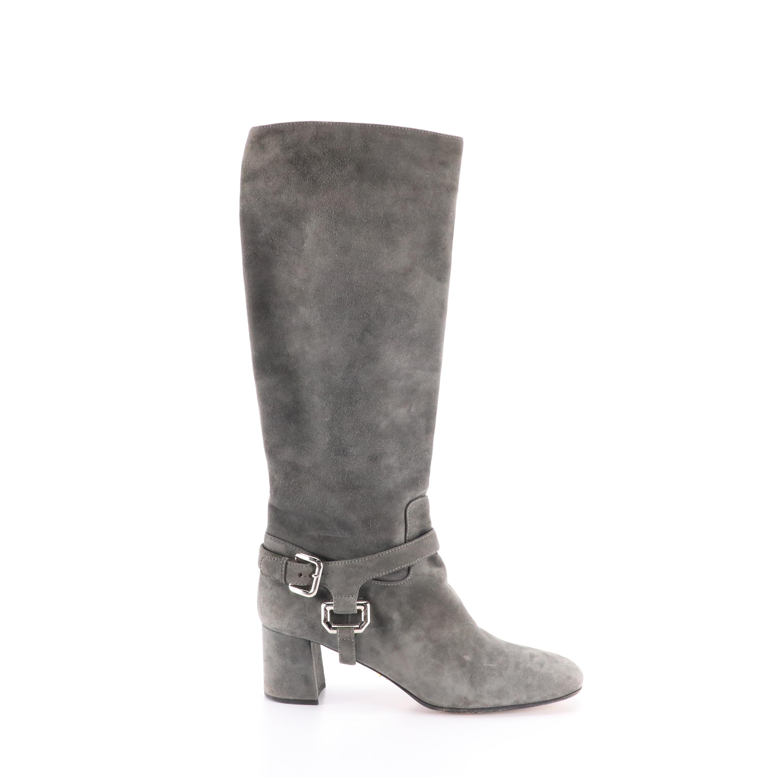 Prada Knee-High Harness Buckle Boots in Gray Suede