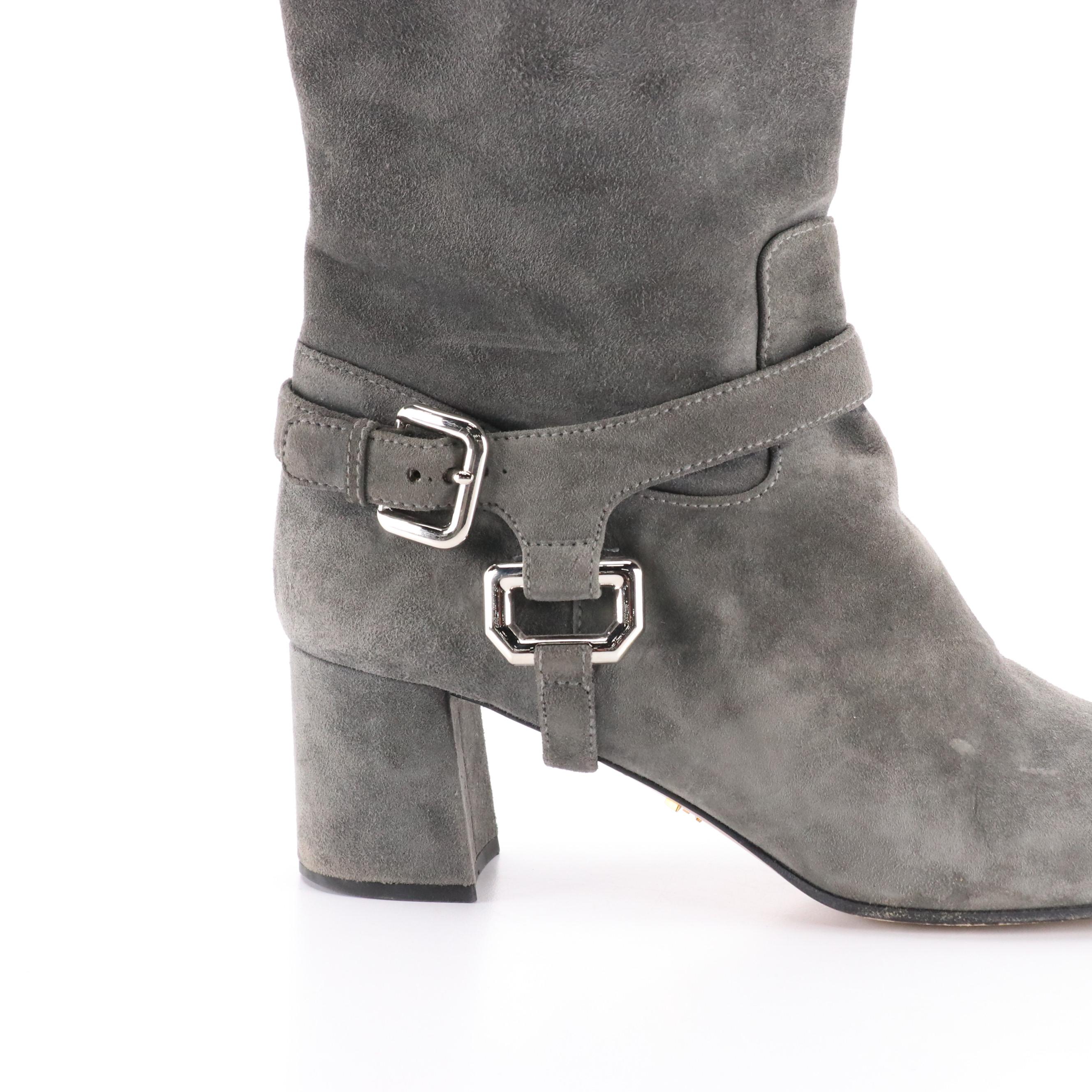 Prada Knee-High Harness Buckle Boots in Gray Suede
