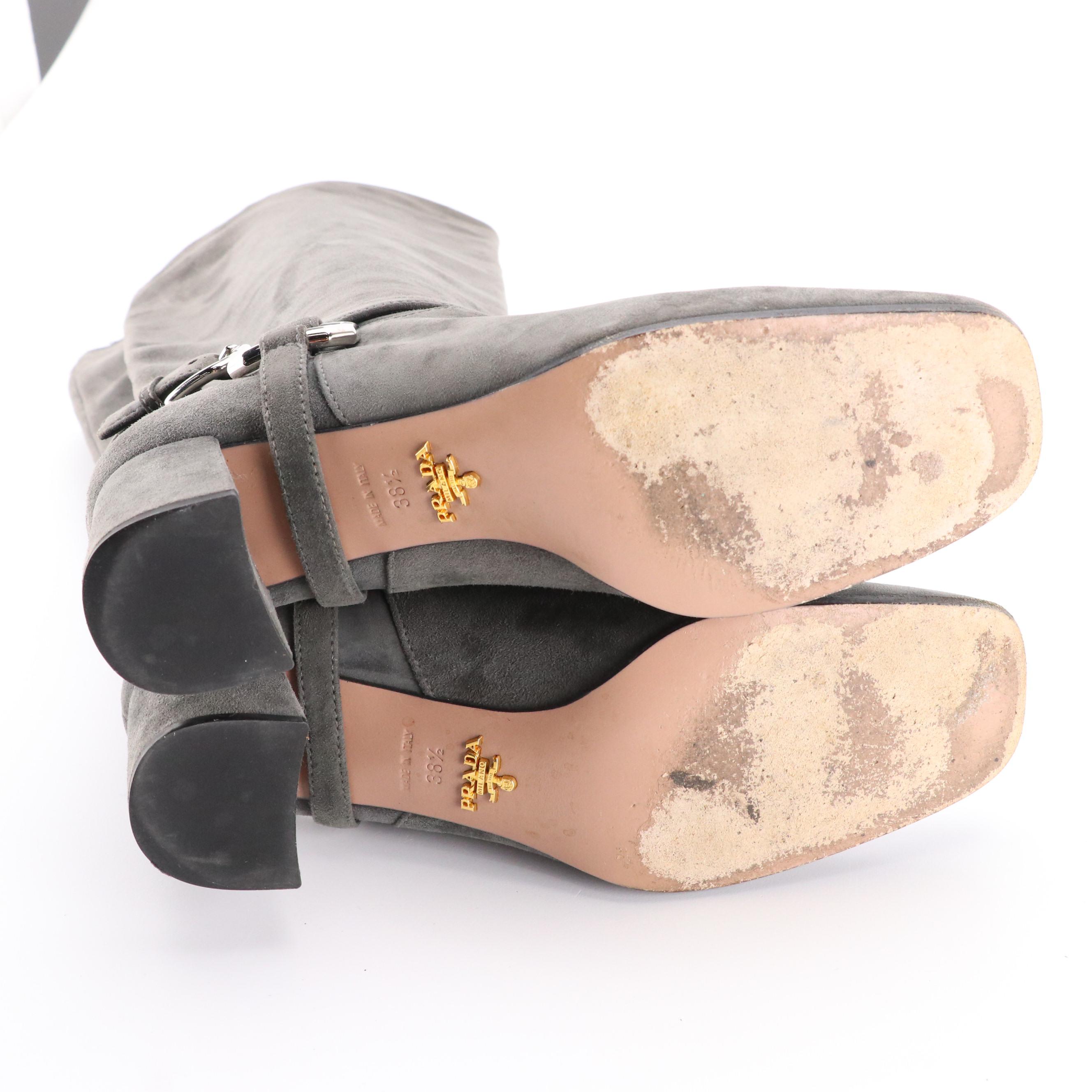 Prada Knee-High Harness Buckle Boots in Gray Suede