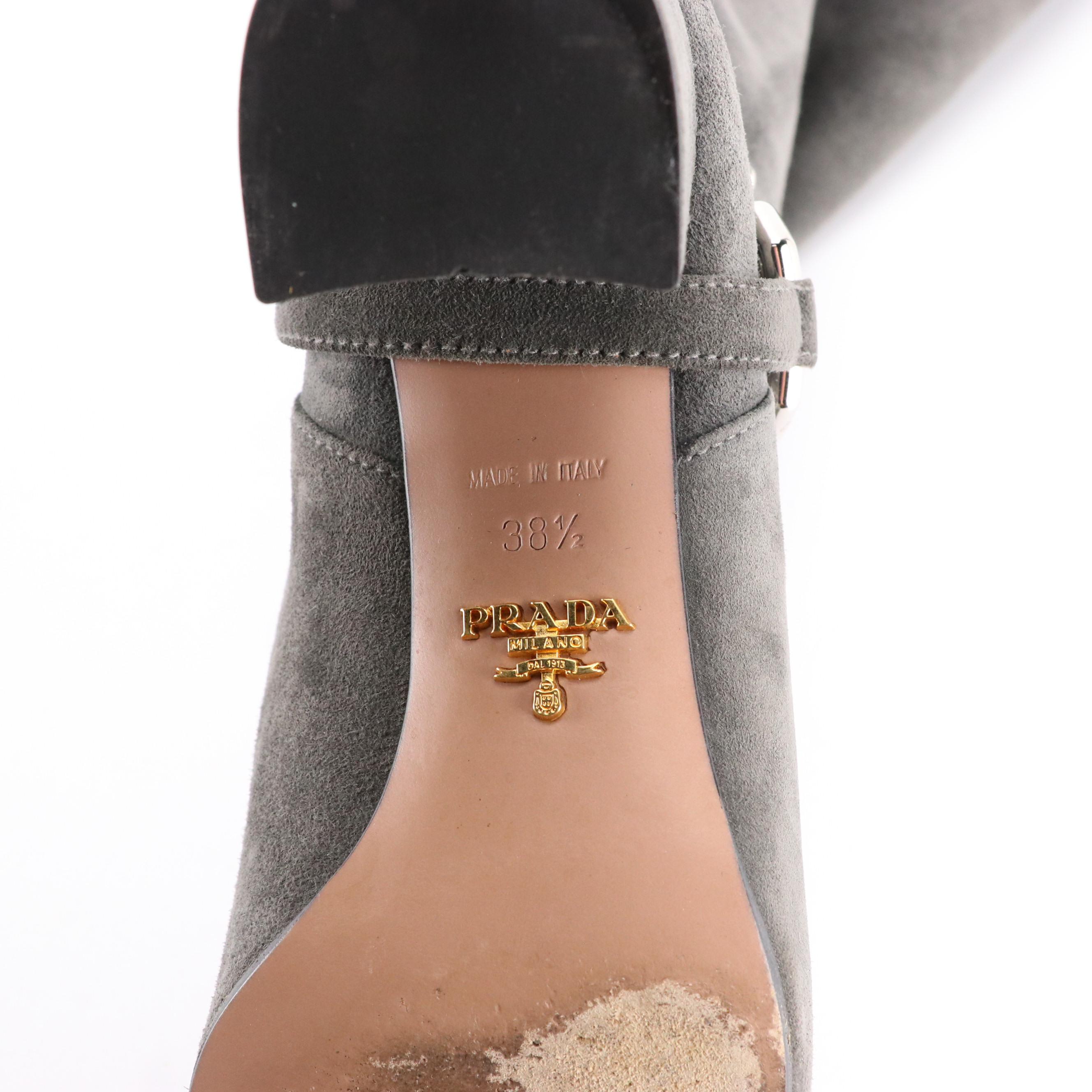 Prada Knee-High Harness Buckle Boots in Gray Suede