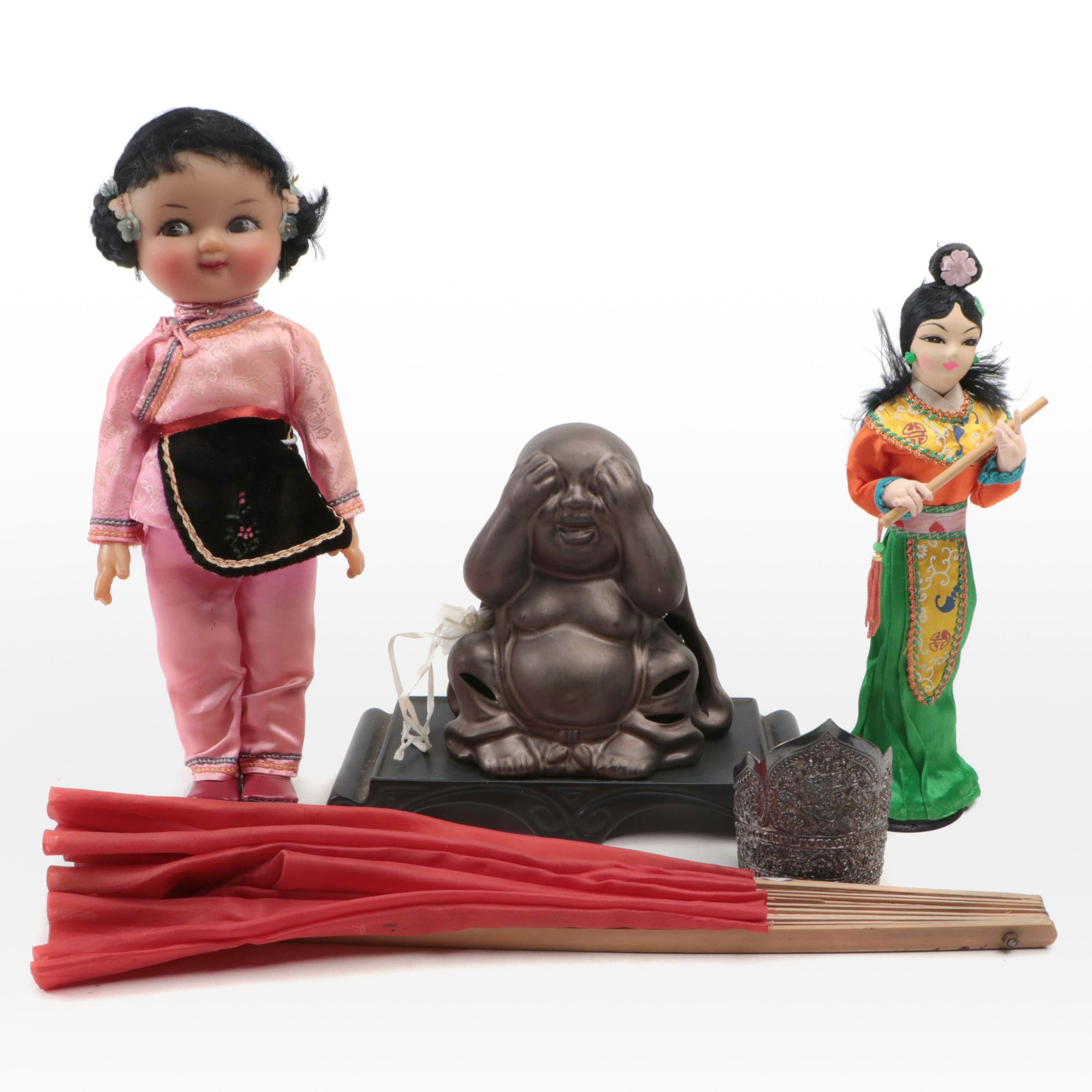 Chinese Dolls with Ceramic Budai Figurine, Display Base, Fan & Silver Plate Cuff