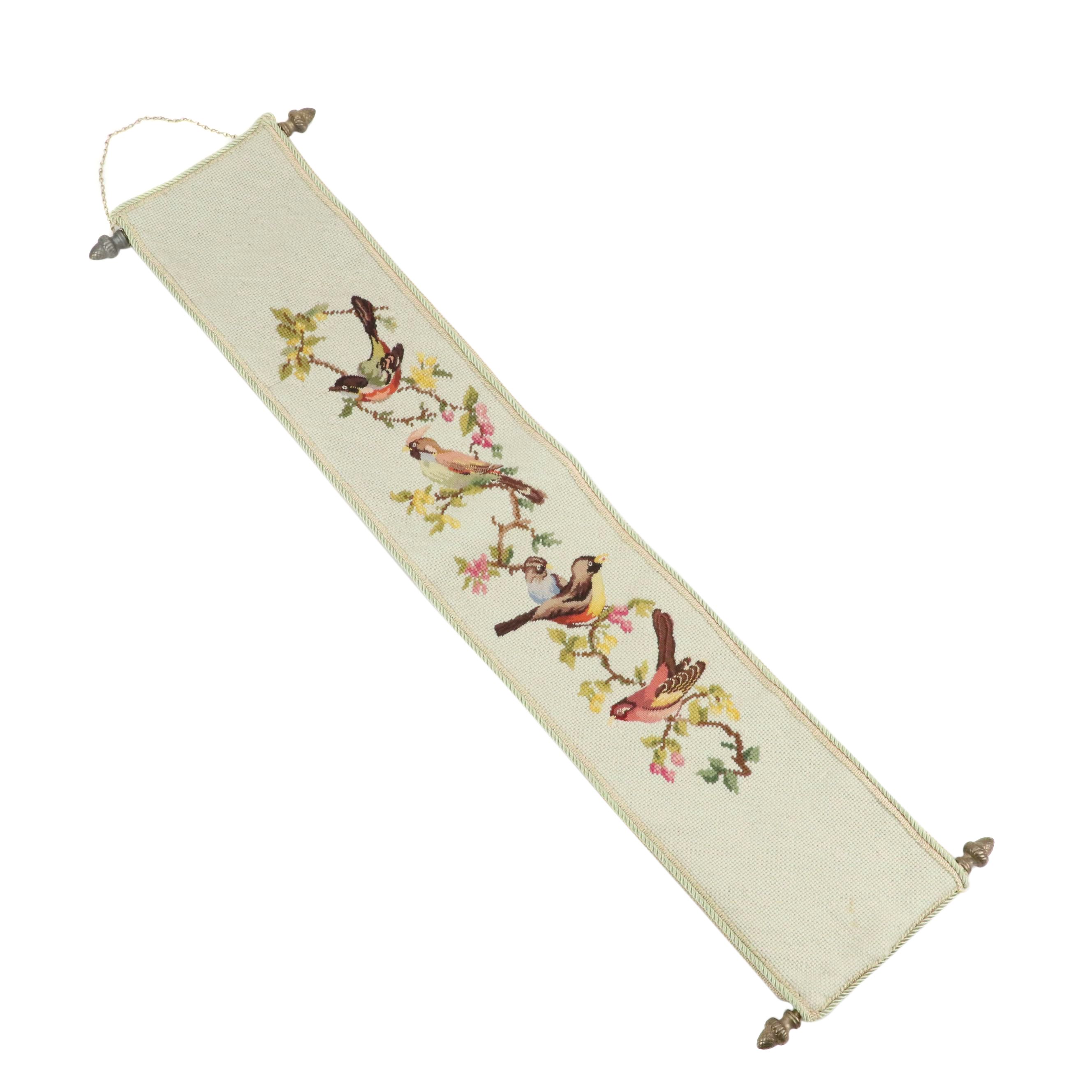 Victorian Style Needlepoint Bird Motif Wall Bell Pull