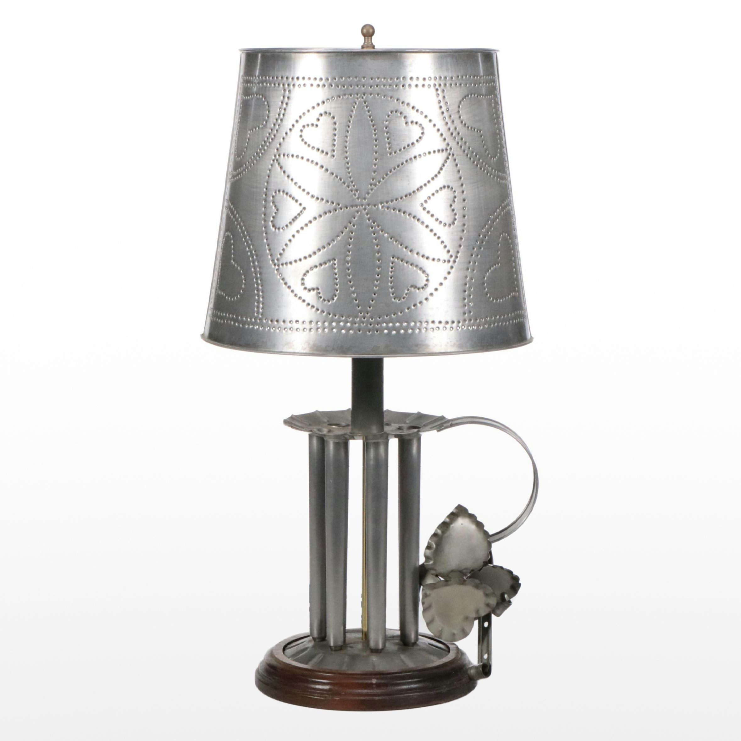 Colonial Style Tin Candle Mold Lamp with Pierced Tin Shade, Vintage
