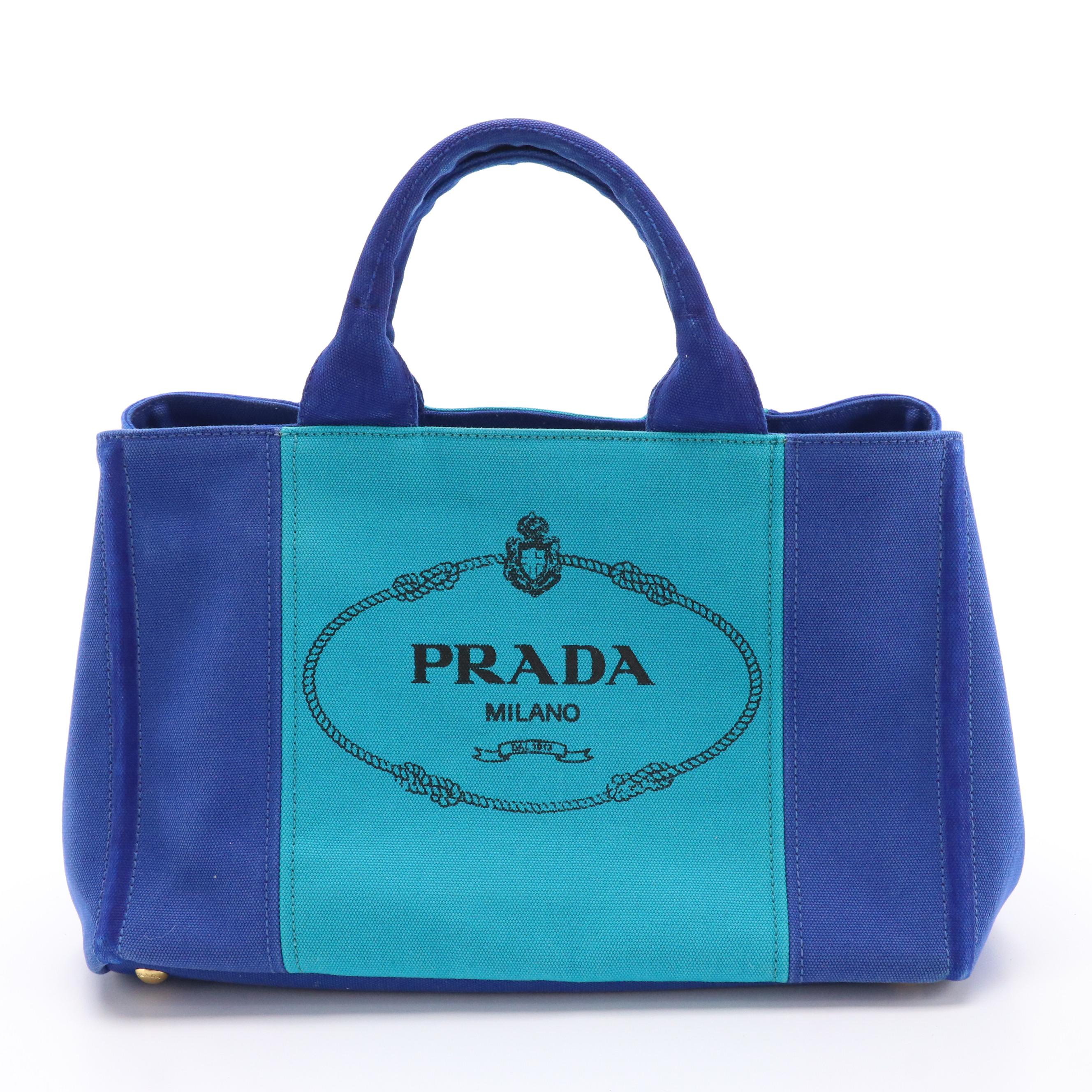 Prada Logo Tote BN2642 in Cobalto/Azul Pavo Canapa Canvas