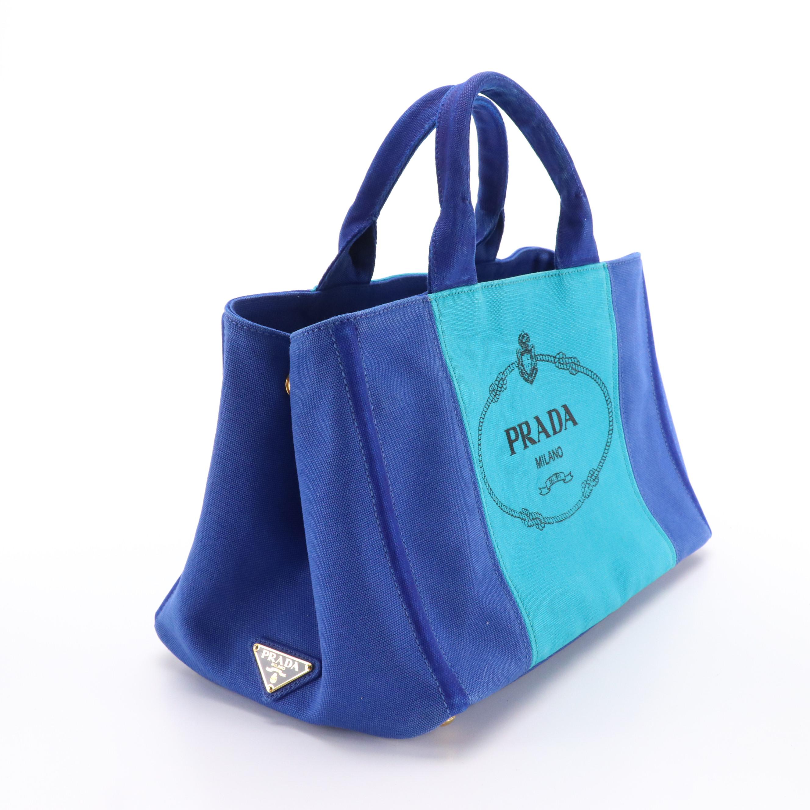 Prada Logo Tote BN2642 in Cobalto/Azul Pavo Canapa Canvas