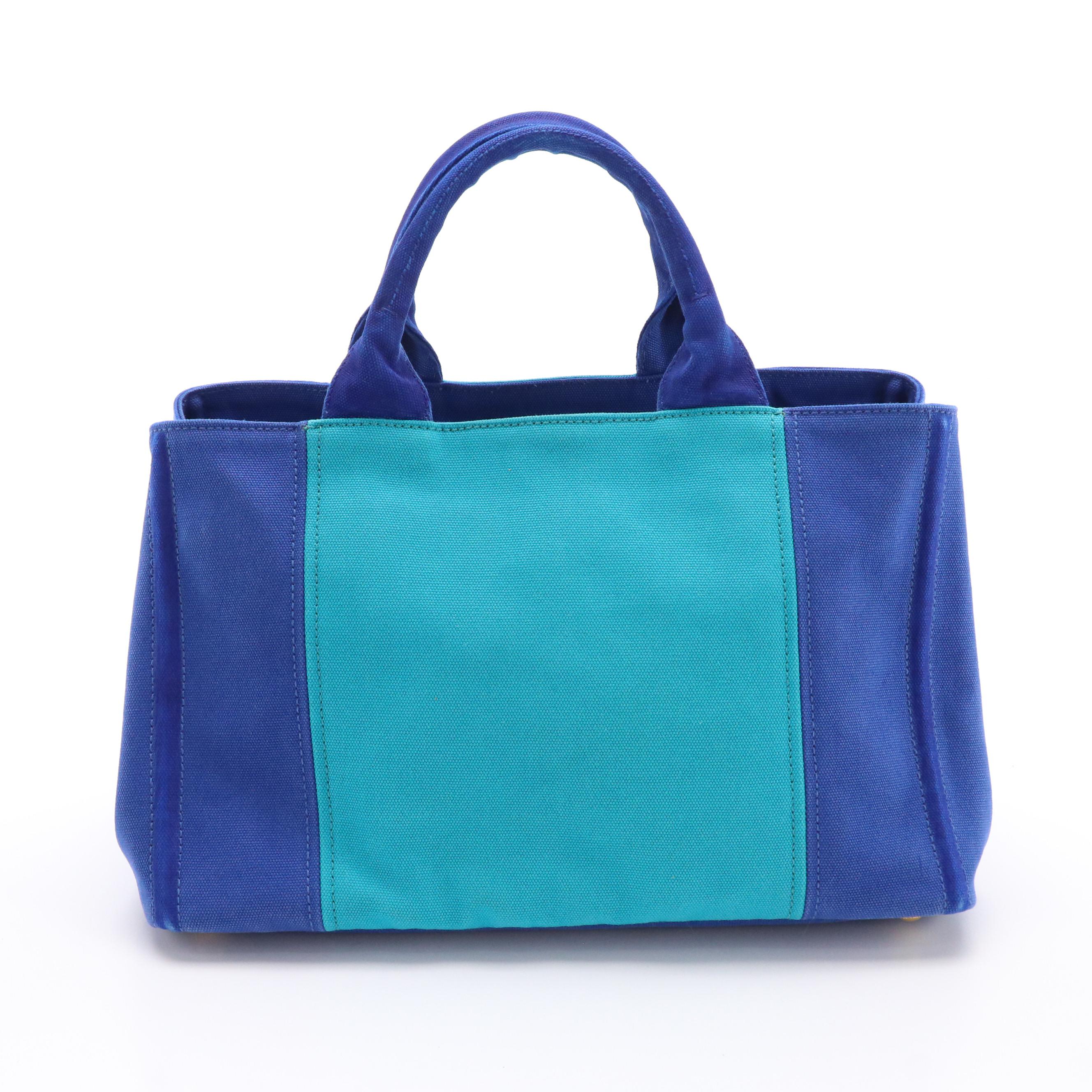 Prada Logo Tote BN2642 in Cobalto/Azul Pavo Canapa Canvas