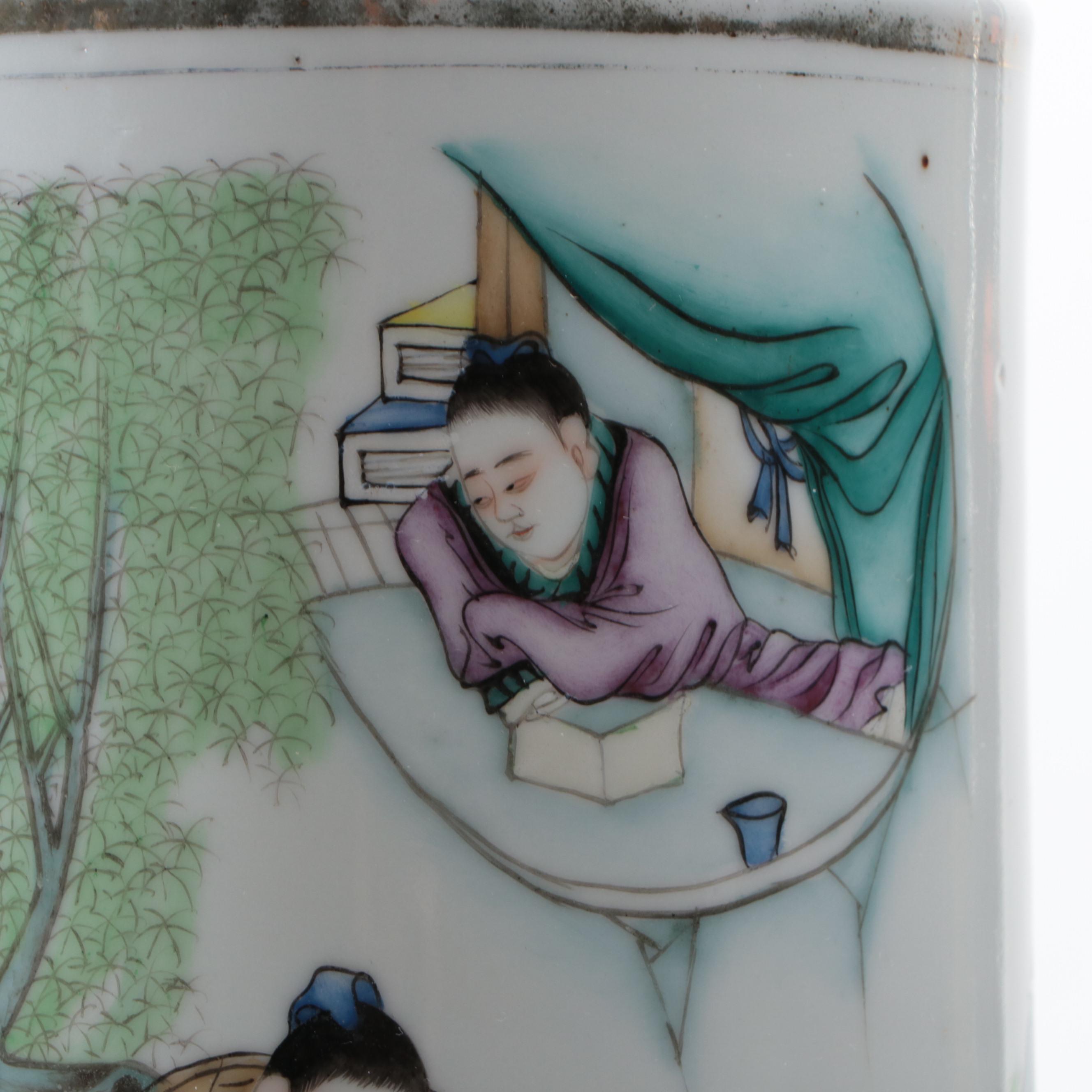 Chinese Hand-Painted Porcelain Cylinder Vase with Wood Stand