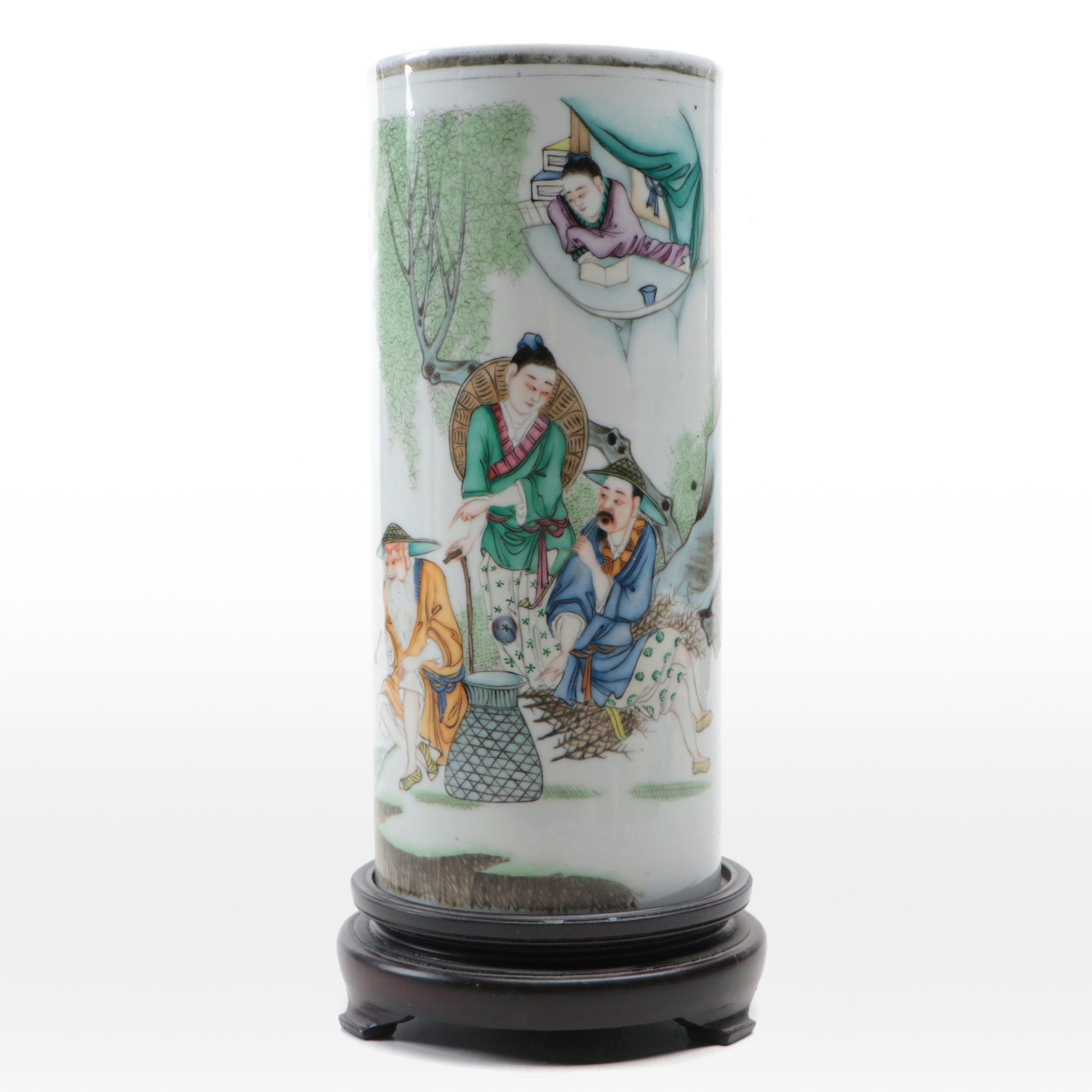 Chinese Hand-Painted Porcelain Cylinder Vase with Wood Stand