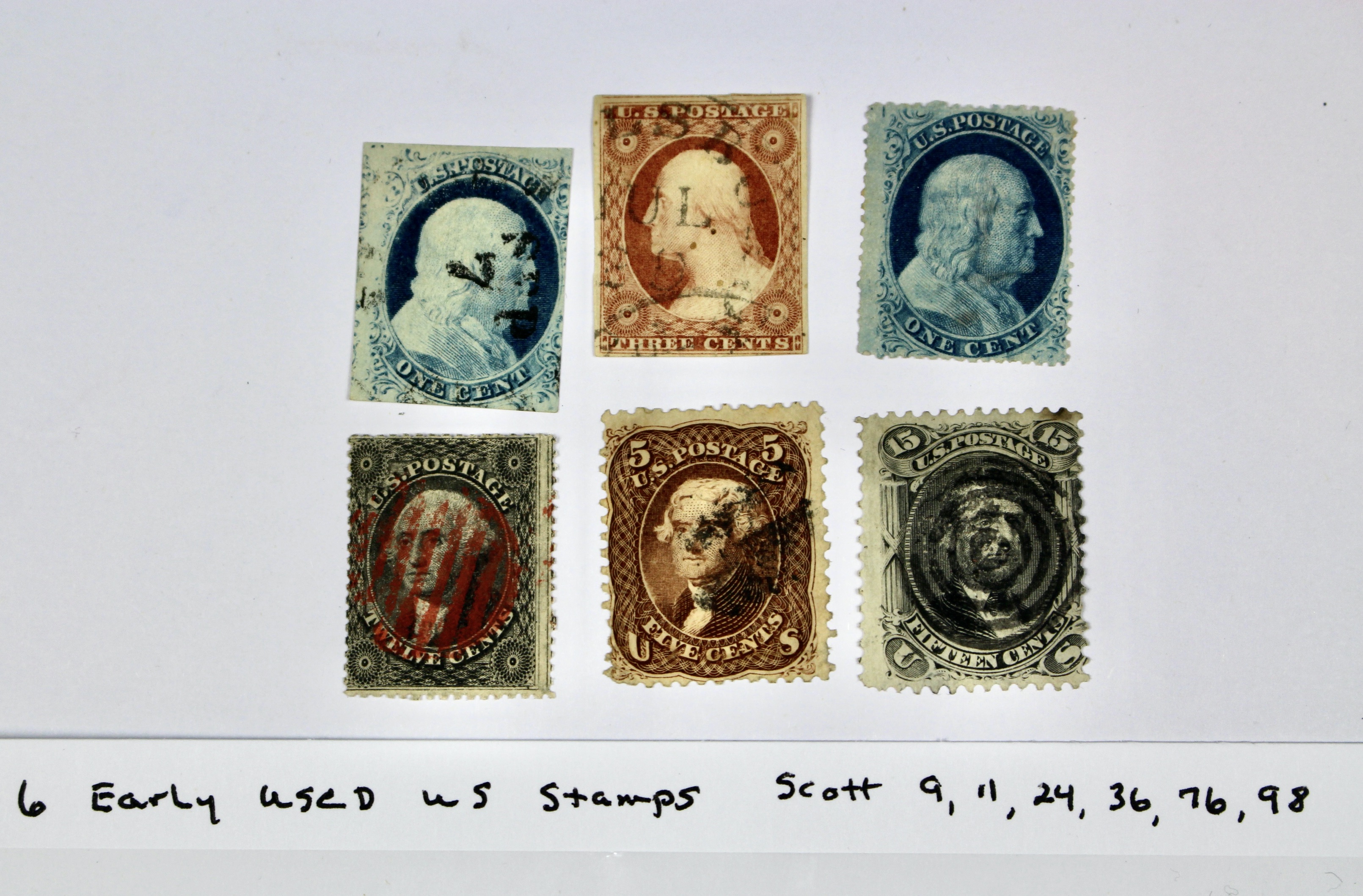 Six Early Used U.S. Postage Stamps, 19th Century