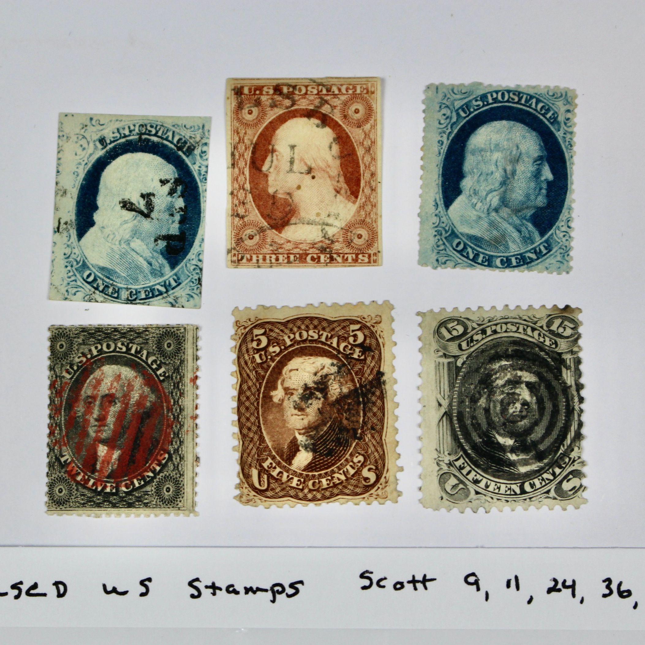 Six Early Used U.S. Postage Stamps, 19th Century