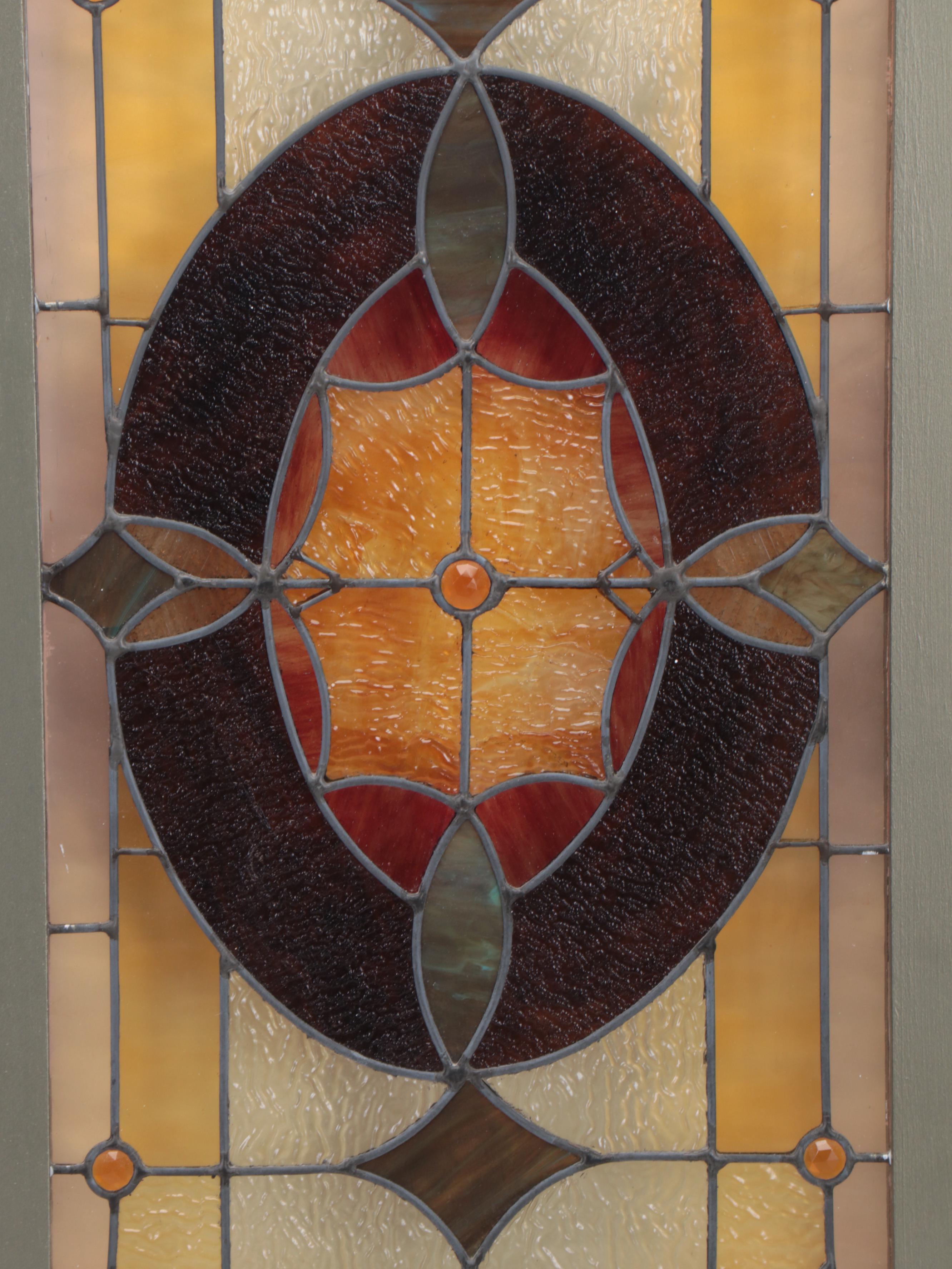 Stained and Slag Glass Leaded Panel in Painted Wood Frame
