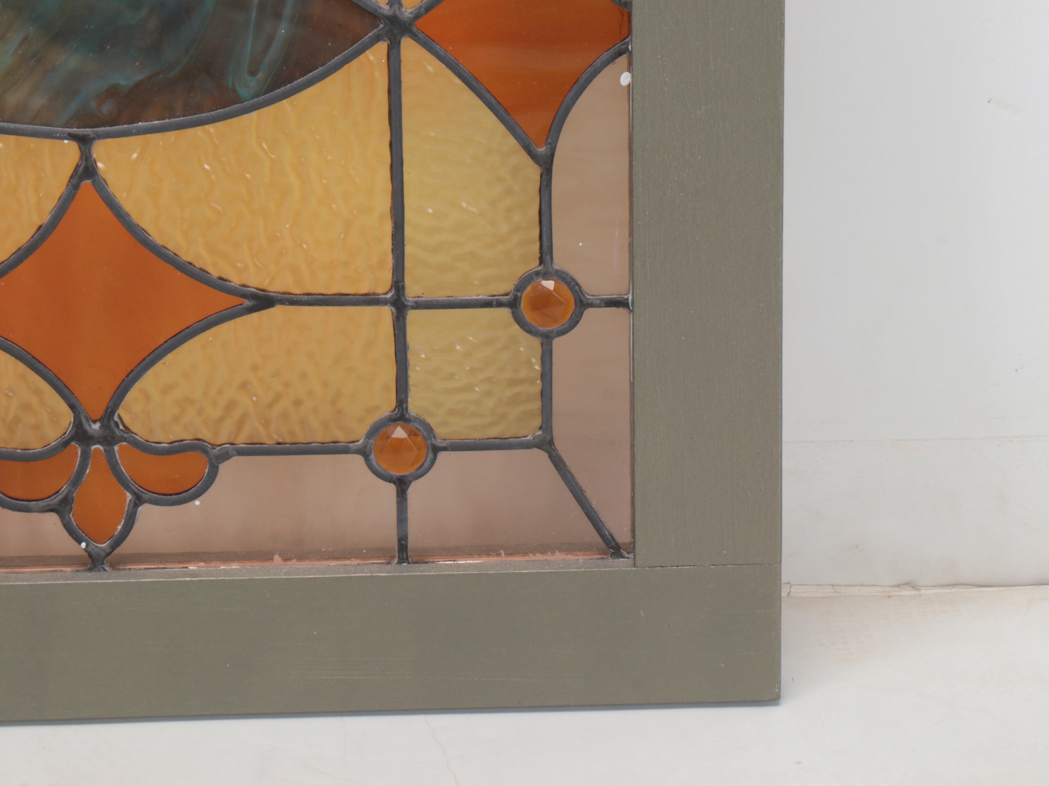 Stained and Slag Glass Leaded Panel in Painted Wood Frame