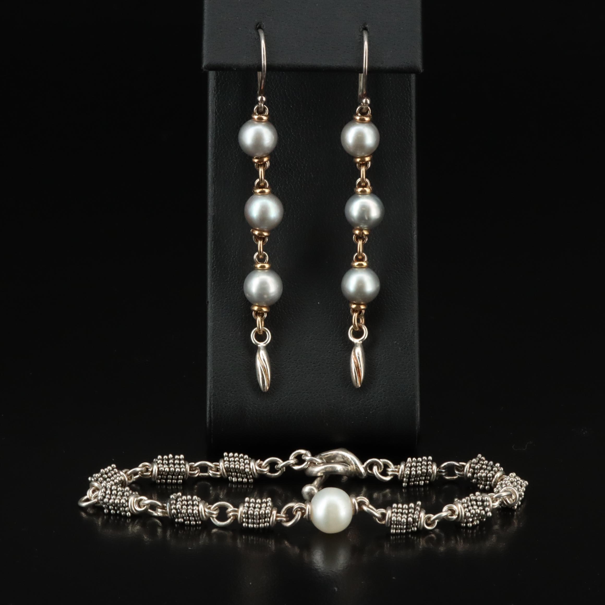 Michael Dawkins Sterling Pearl Earrings and Bracelet with 14K Accents