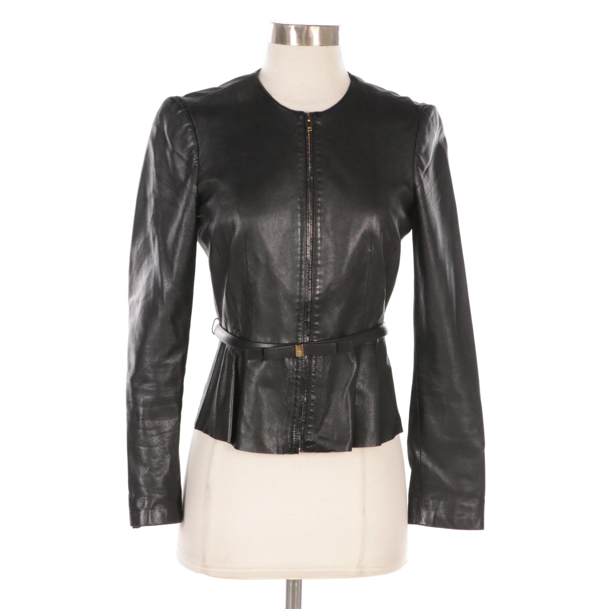 Gucci Fitted Peplum-Style Black Leather Jacket with Bow Belt