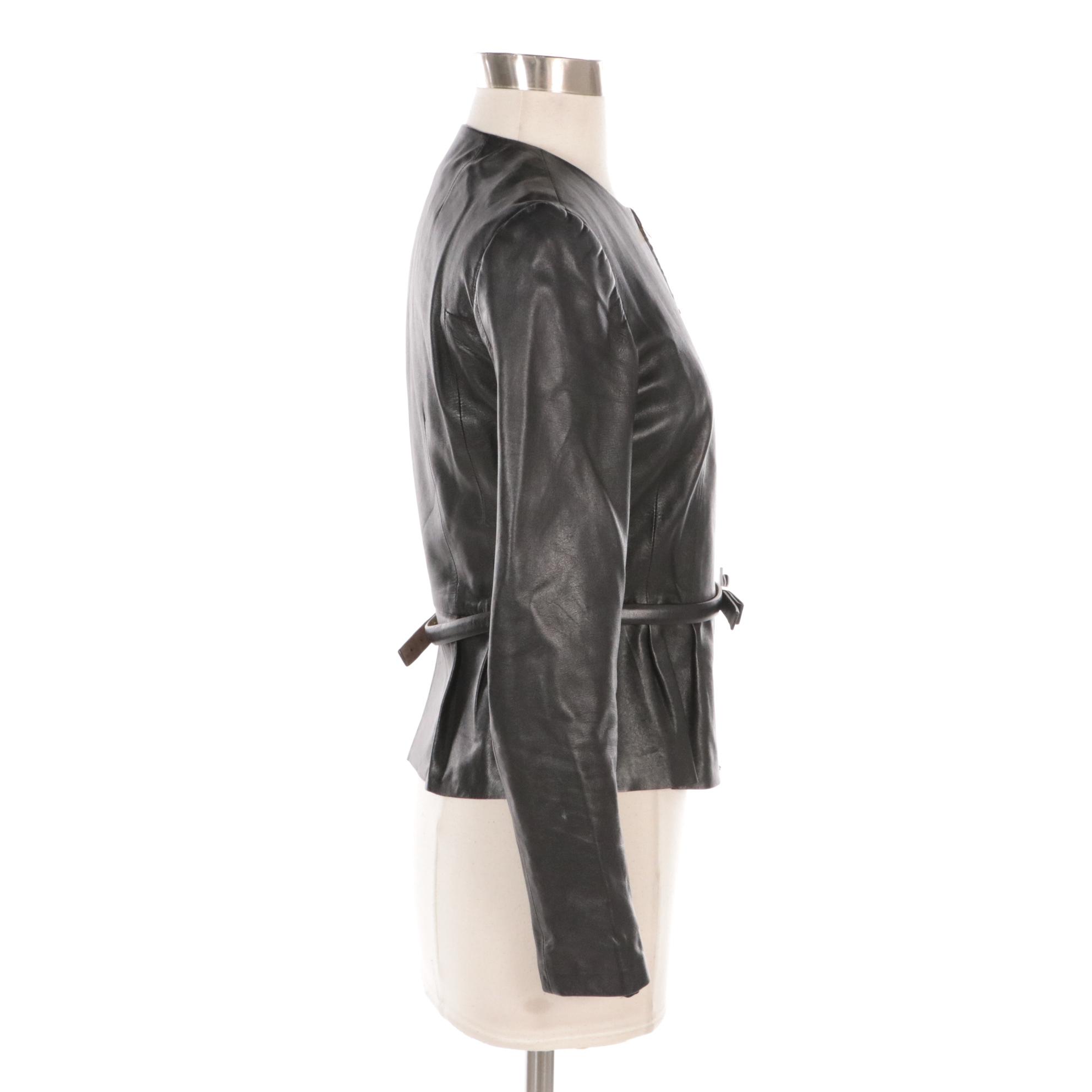 Gucci Fitted Peplum-Style Black Leather Jacket with Bow Belt