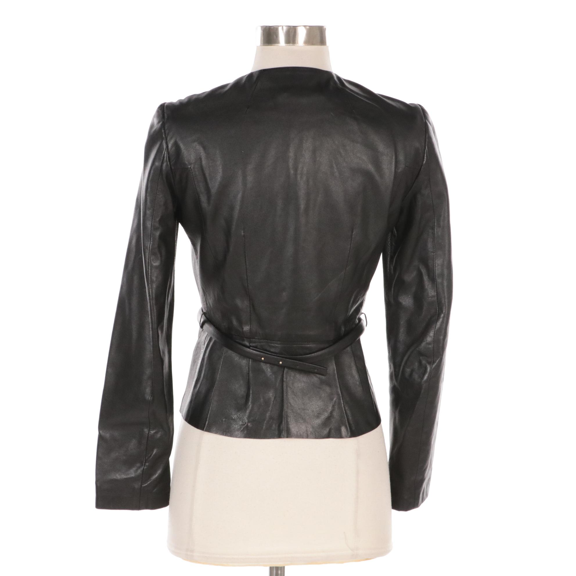 Gucci Fitted Peplum-Style Black Leather Jacket with Bow Belt