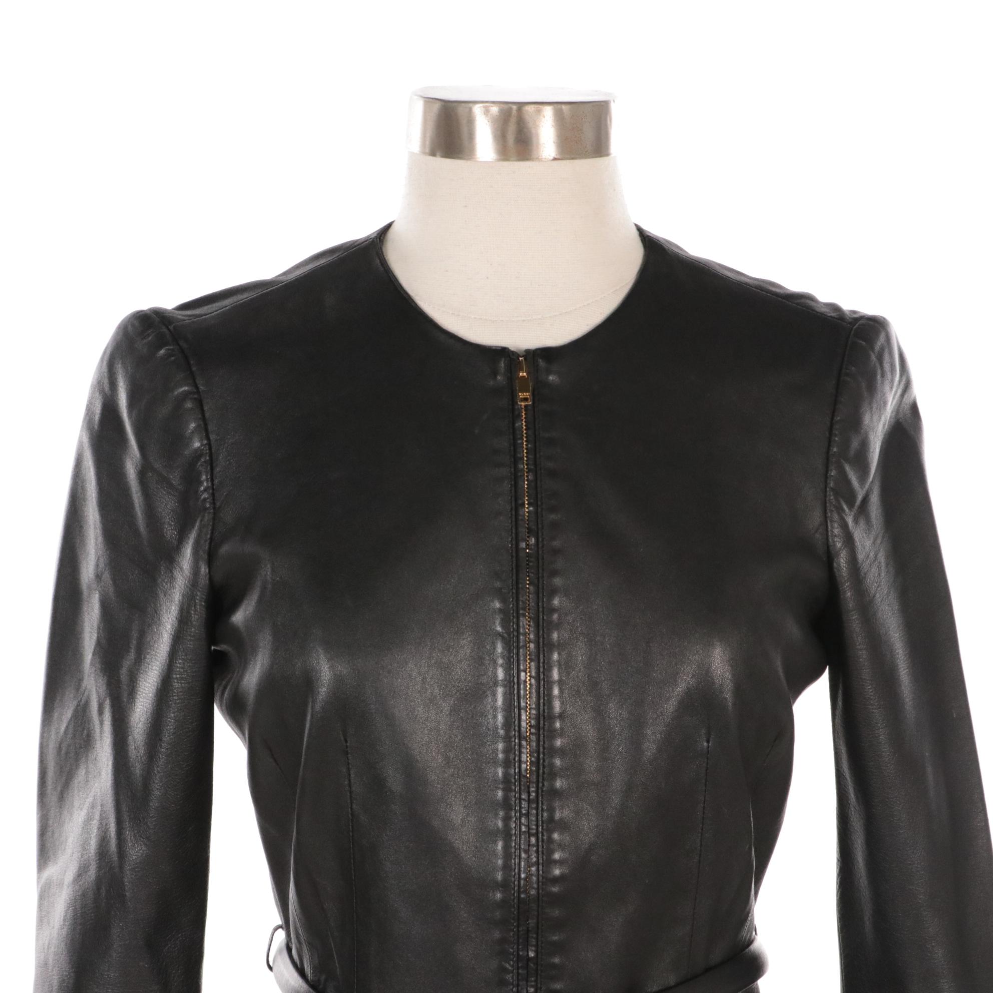 Gucci Fitted Peplum-Style Black Leather Jacket with Bow Belt