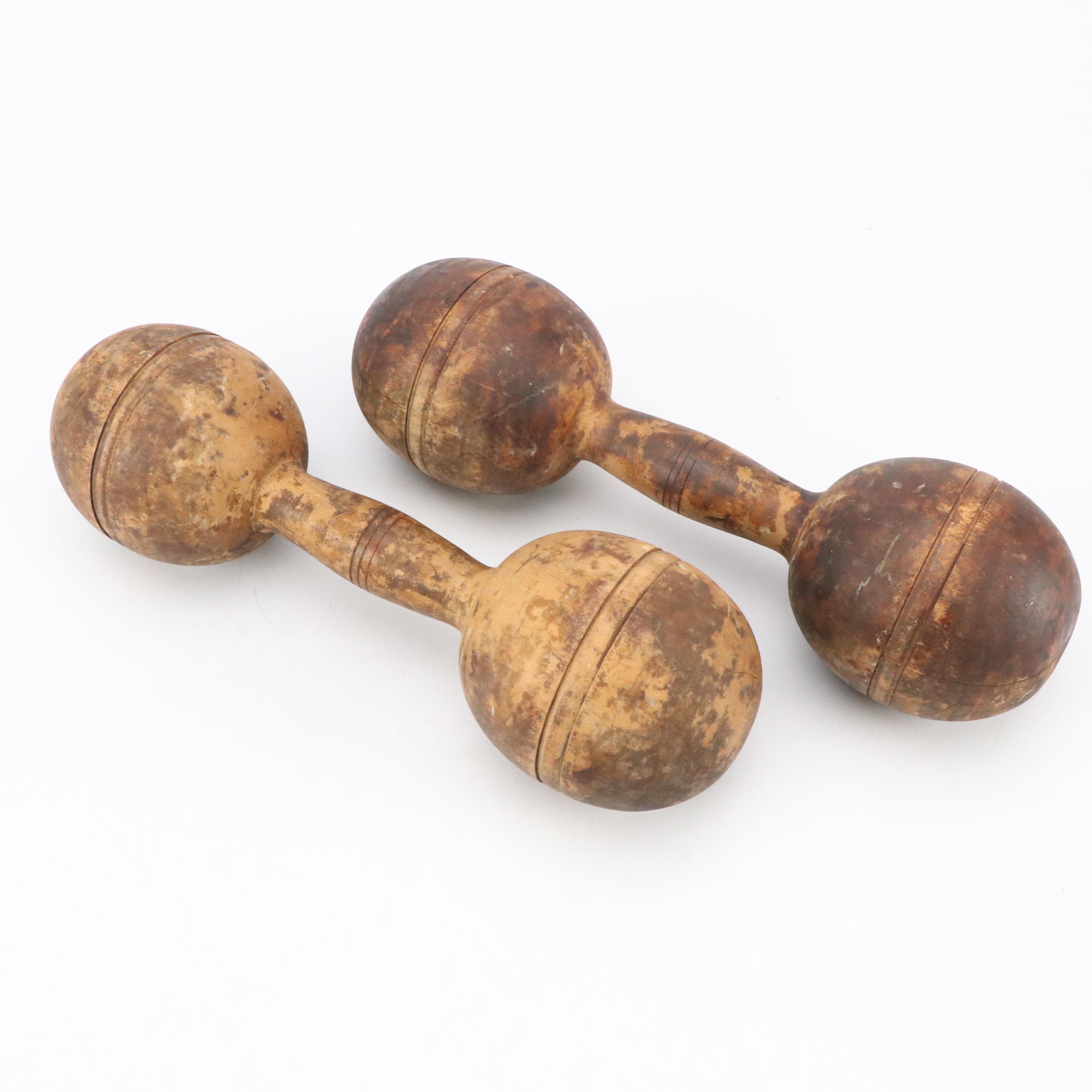 Turned Wooden Dumbells with Bronze Fitness Token, Early 20th Century
