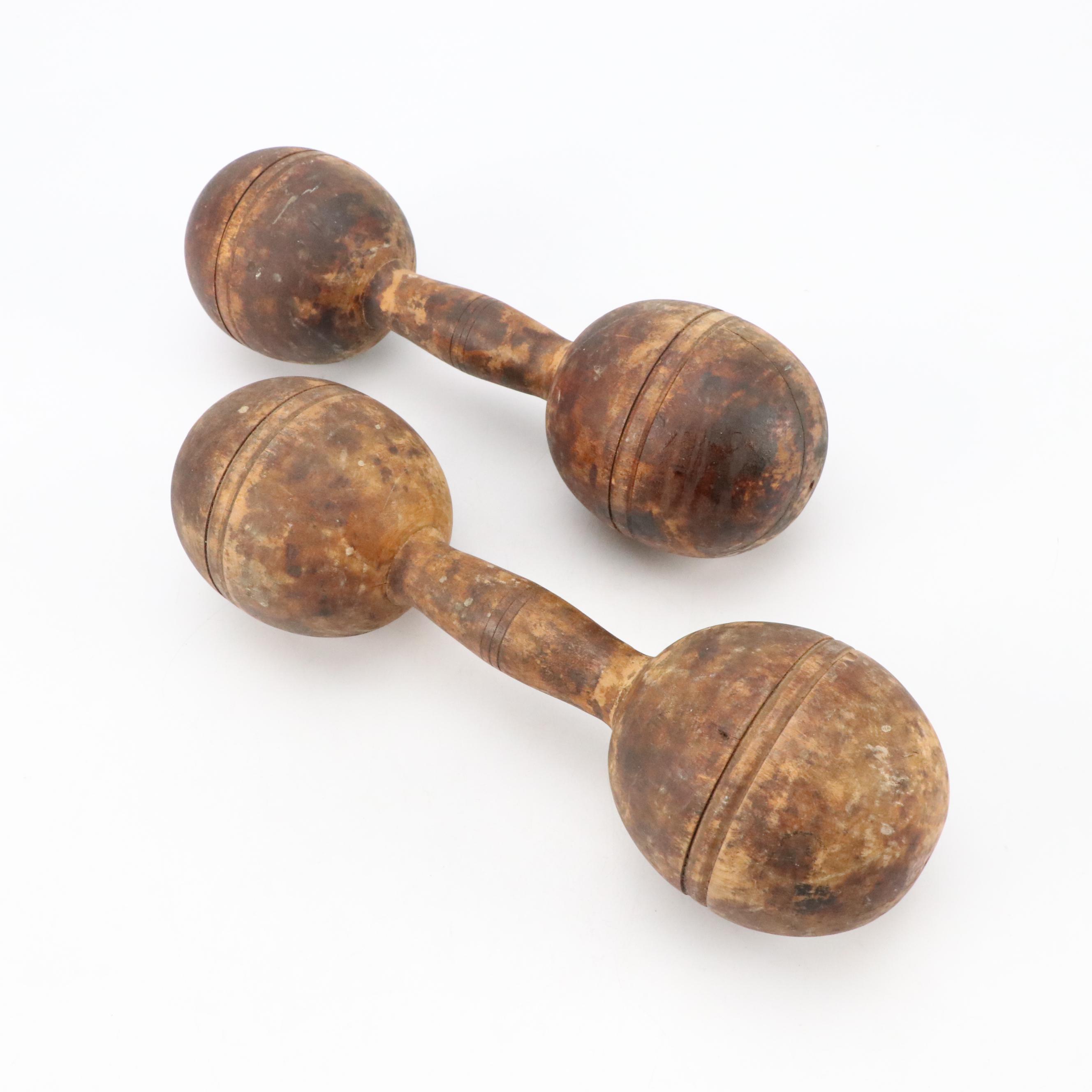 Turned Wooden Dumbells with Bronze Fitness Token, Early 20th Century
